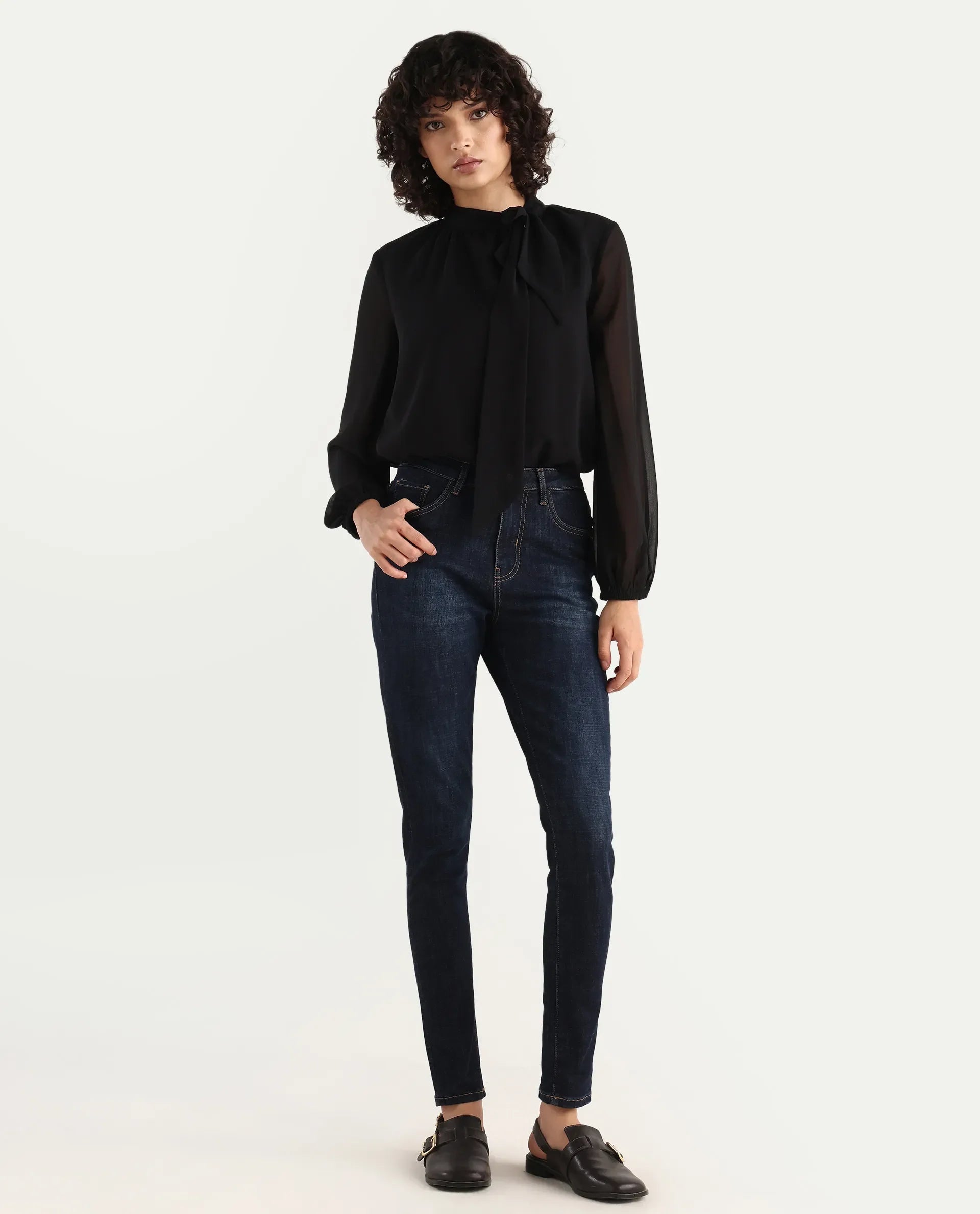 Rareism Women's Zaisho Dark Blue Cotton Blend Plain Ankle Length Sleek Skinny Fit Jeans