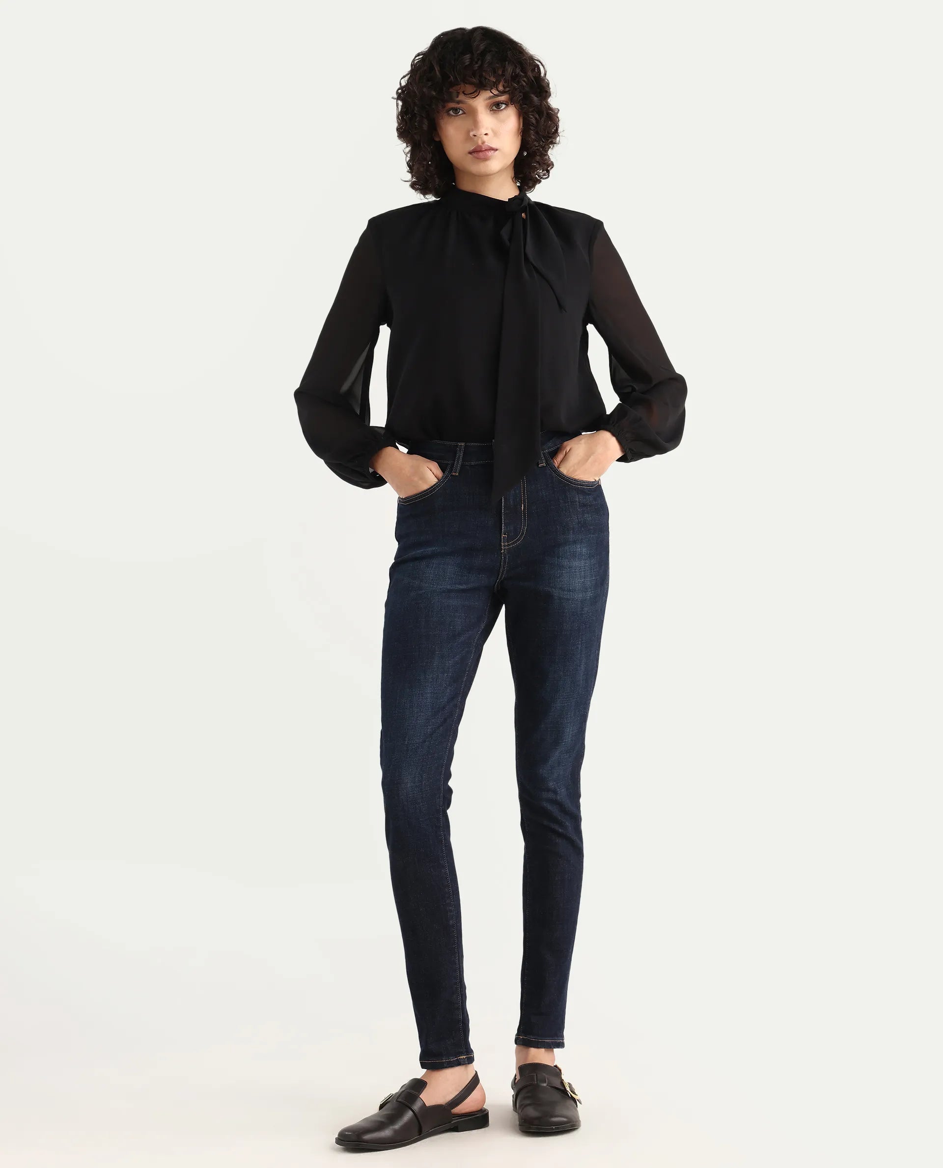 Rareism Women's Zaisho Dark Blue Cotton Blend Plain Ankle Length Sleek Skinny Fit Jeans