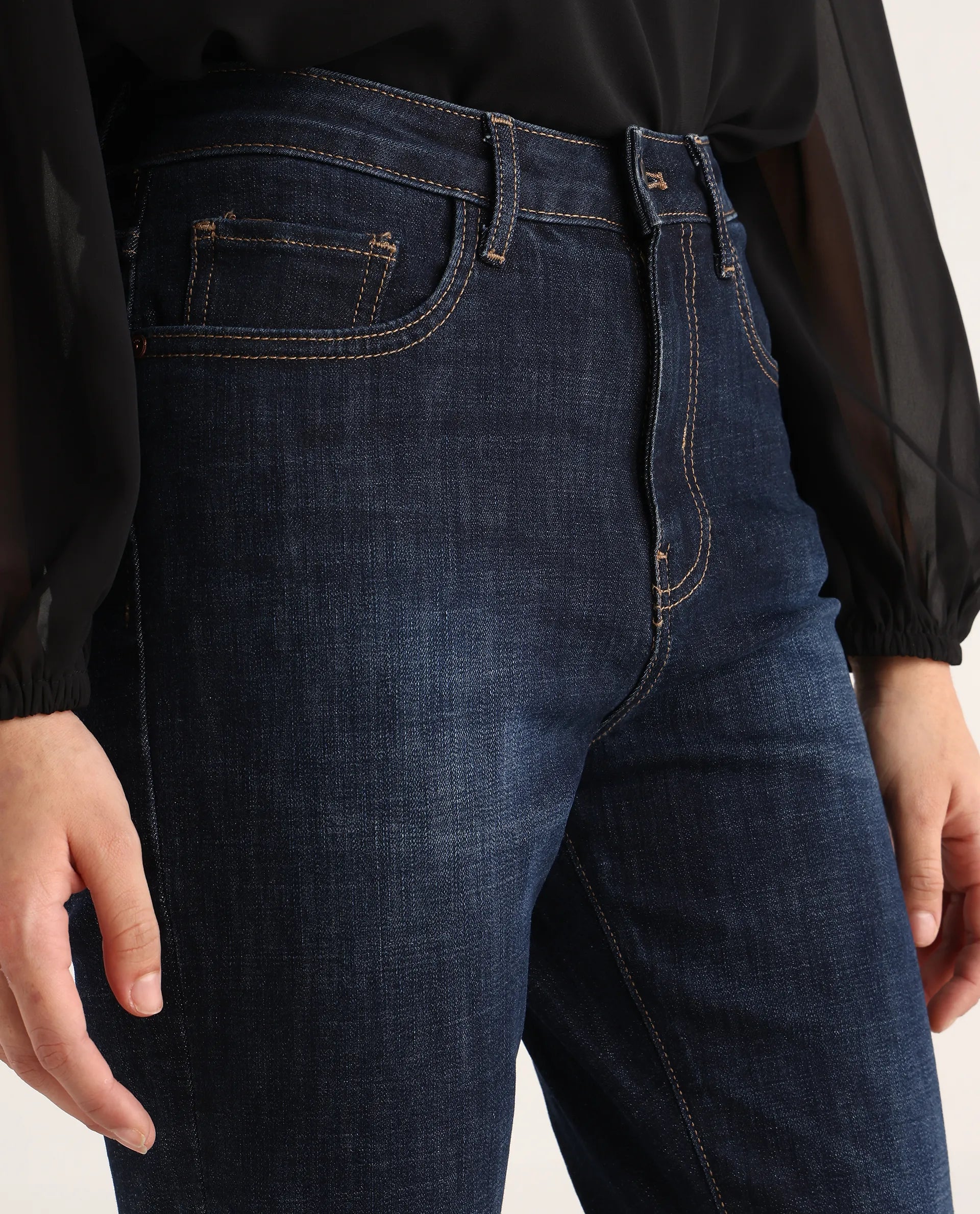 Rareism Women's Zaisho Dark Blue Cotton Blend Plain Ankle Length Sleek Skinny Fit Jeans