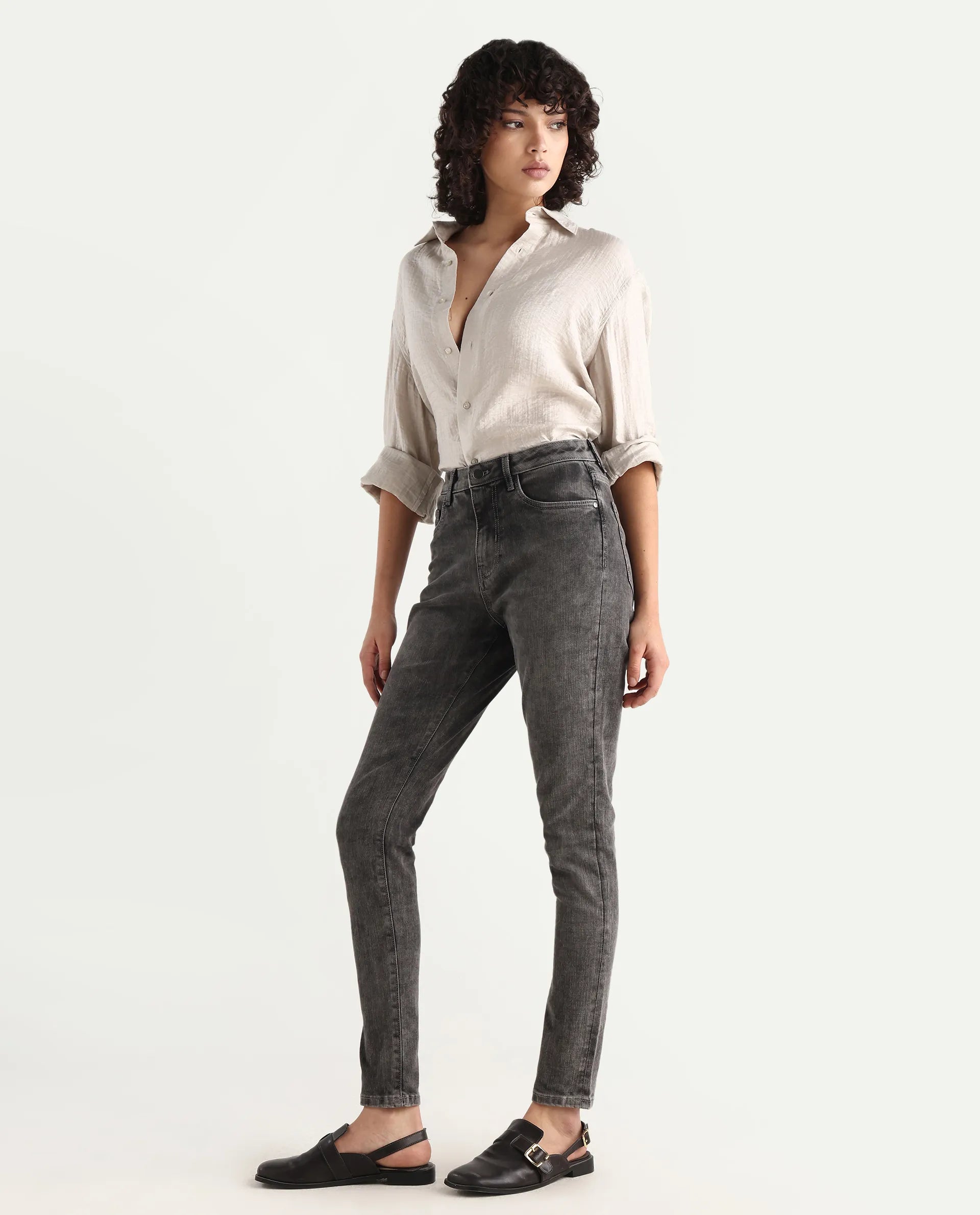 Rareism Women's Zaisho Grey Cotton Blend Plain Ankle Length Sleek Skinny Fit Jeans