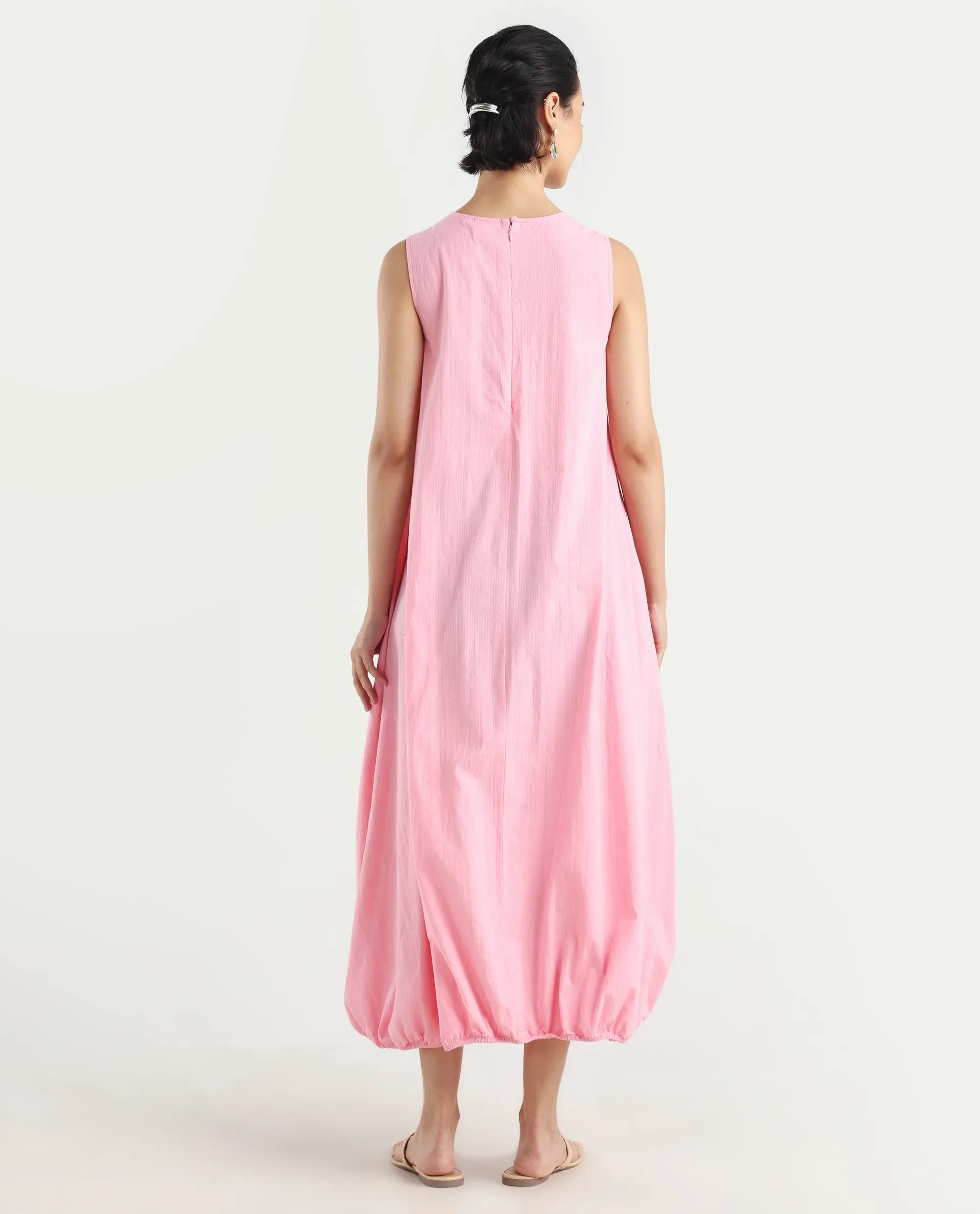 Rareism Women's Zakura Dusky Pink Cotton Crew Neck Striped Sleeveless Maxi Balloon Dress