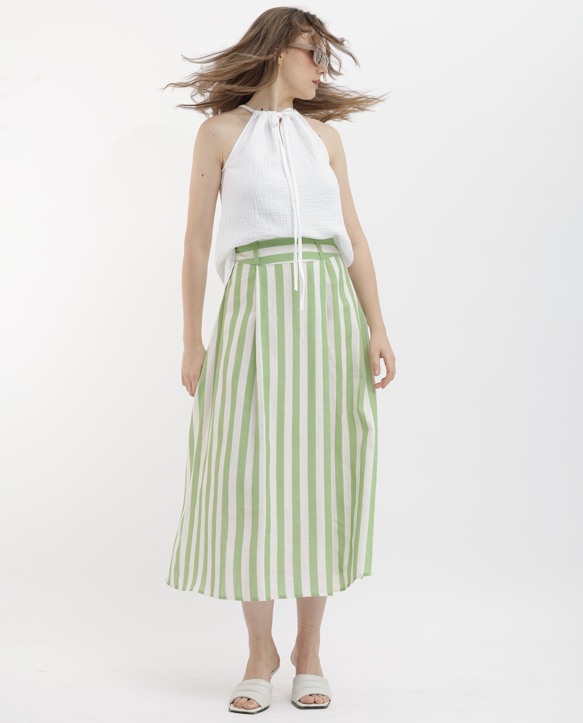 Rareism Women's Zame-B Off White Linen Striped Midi A-Line Skirt