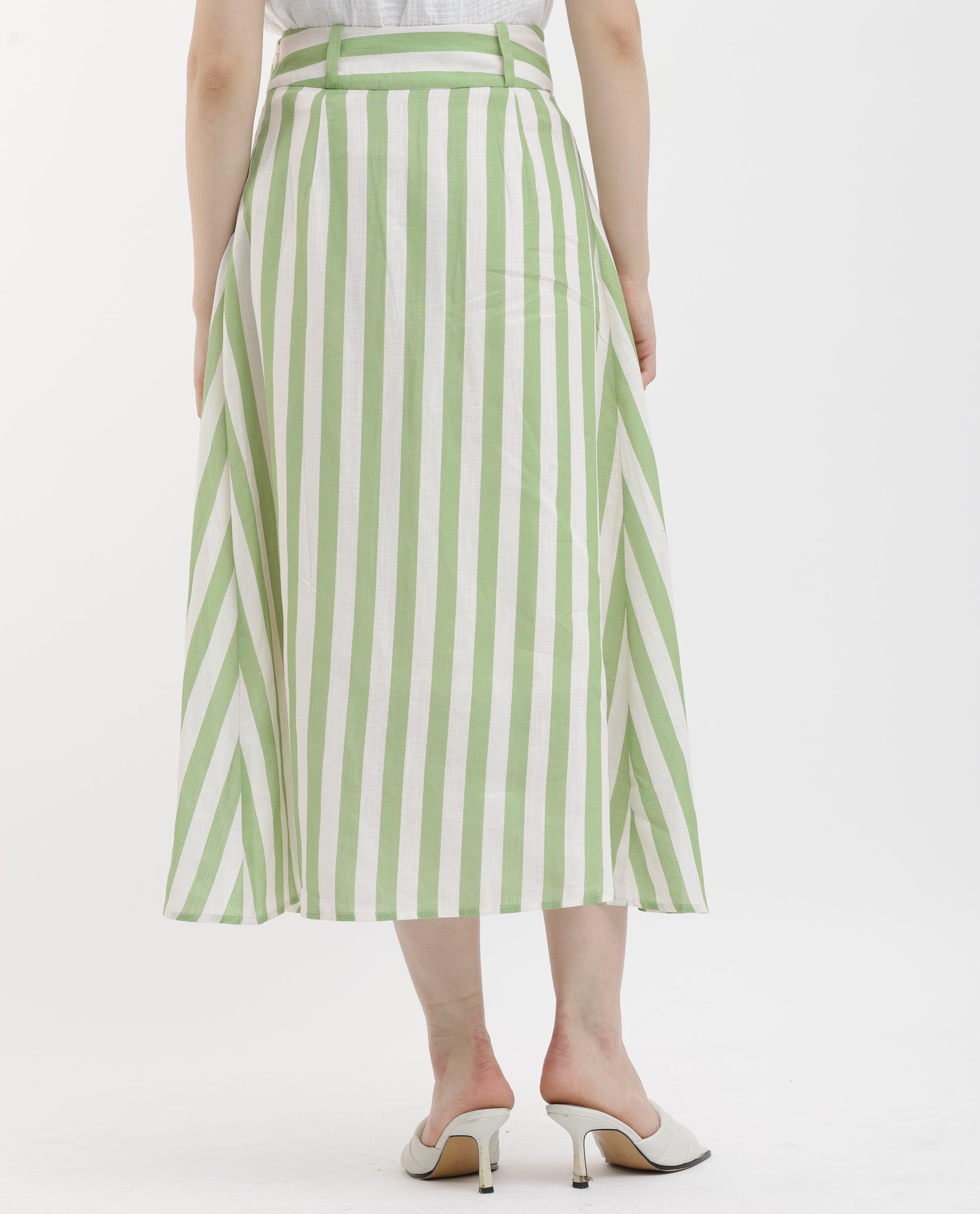 Rareism Women's Zame-B Off White Linen Striped Midi A-Line Skirt