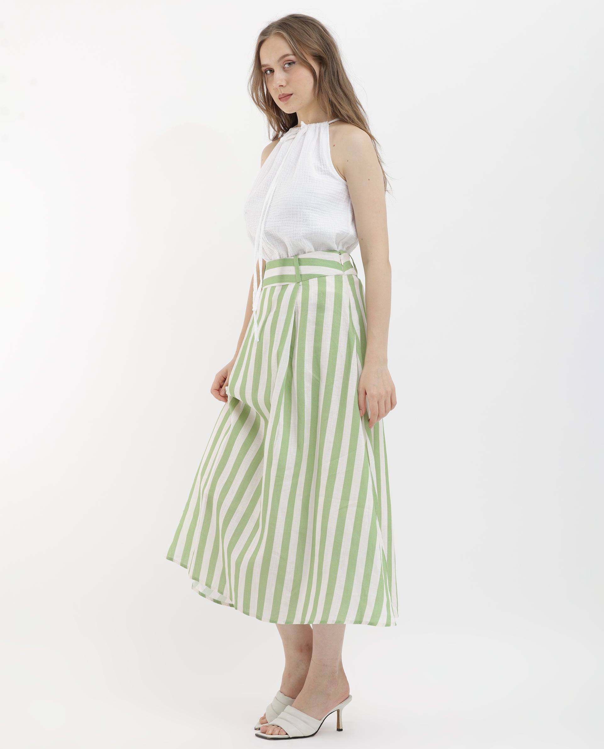 Rareism Women's Zame-B Off White Linen Striped Midi A-Line Skirt