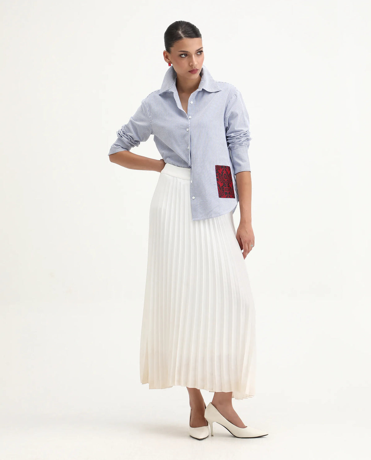 Rareism Women's Zamon Dark Blue Cotton Spread Collar Striped Cuffed Sleeve Regular Fit Shirt