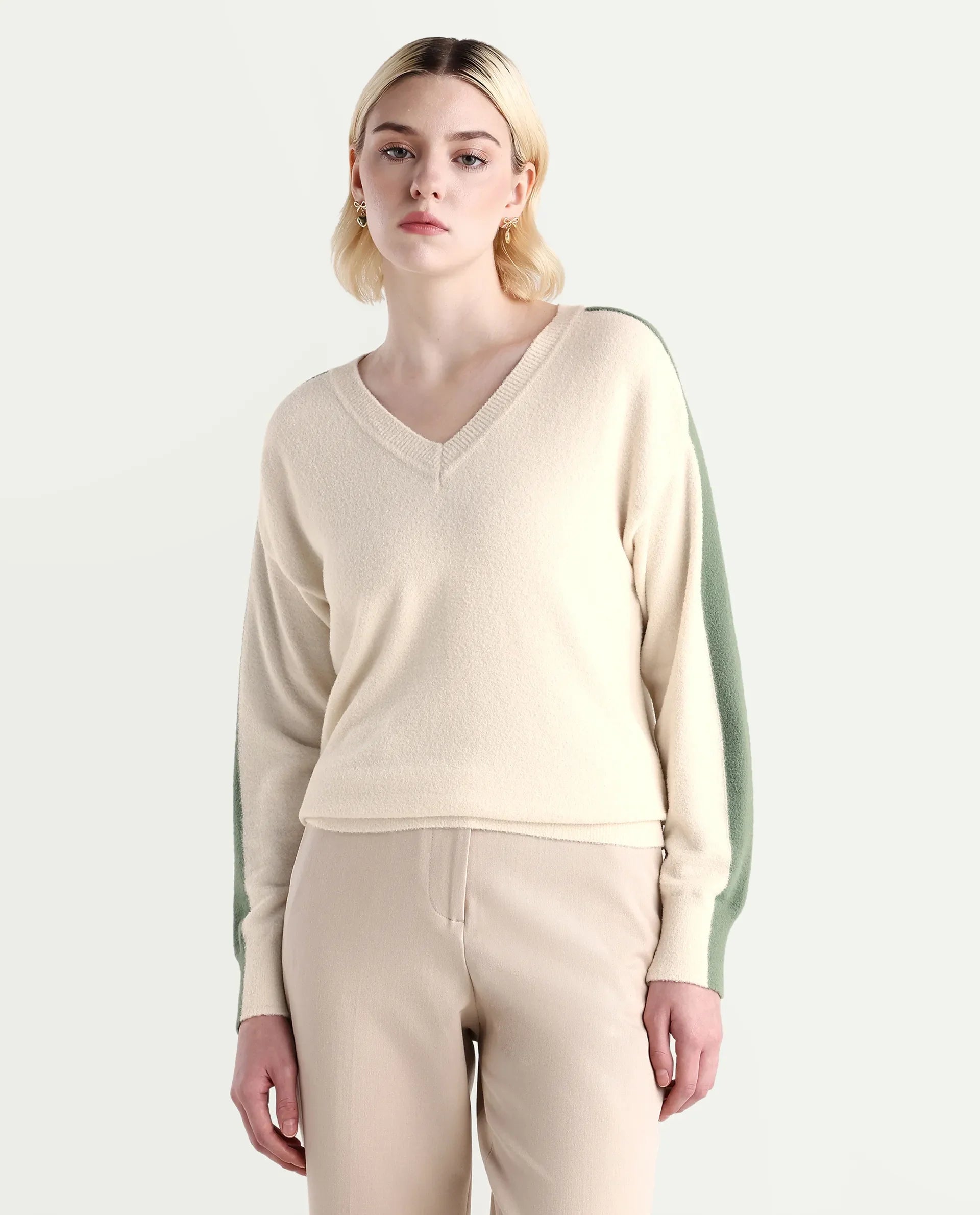 Rareism Women's Zander Off White Nylon V-Neck Relaxed Fit Plain Sweater