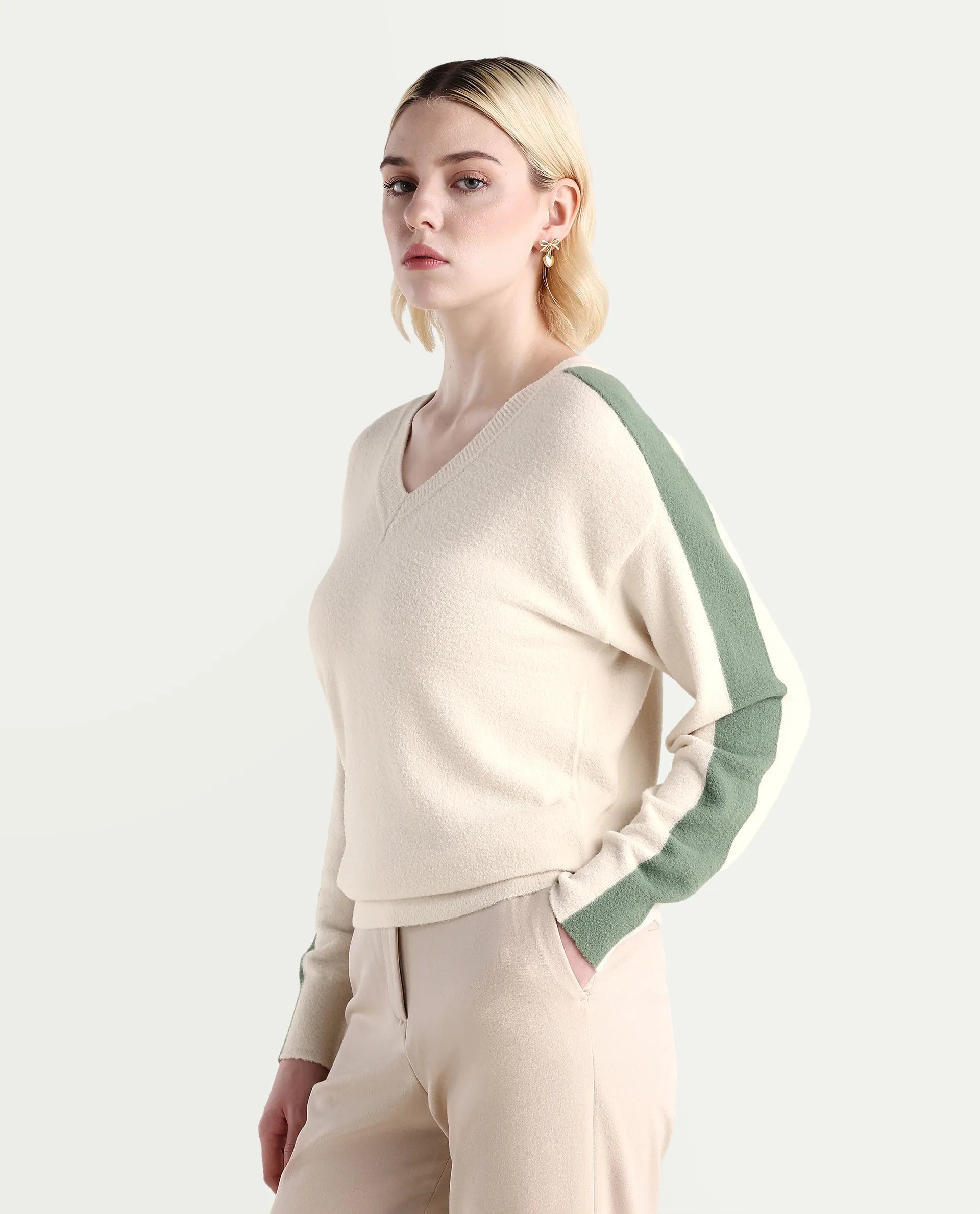 Rareism Women's Zander Off White Nylon V-Neck Relaxed Fit Plain Sweater