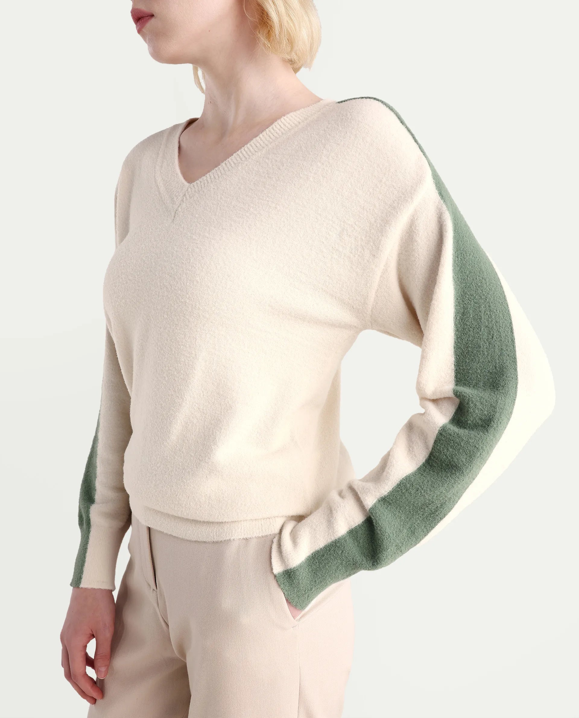 Rareism Women's Zander Off White Nylon V-Neck Relaxed Fit Plain Sweater