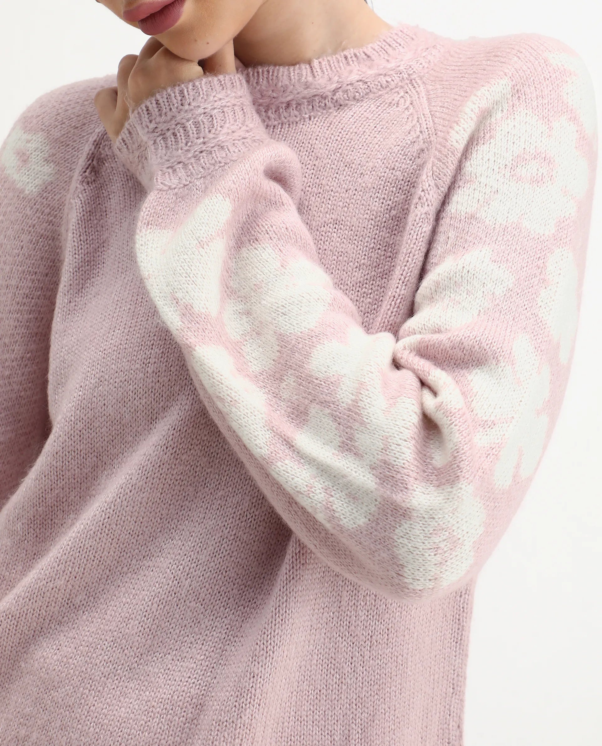 Rareism Women's Zane Light Pink Acrylic Blend Crew Neck Regular Fit Sweater