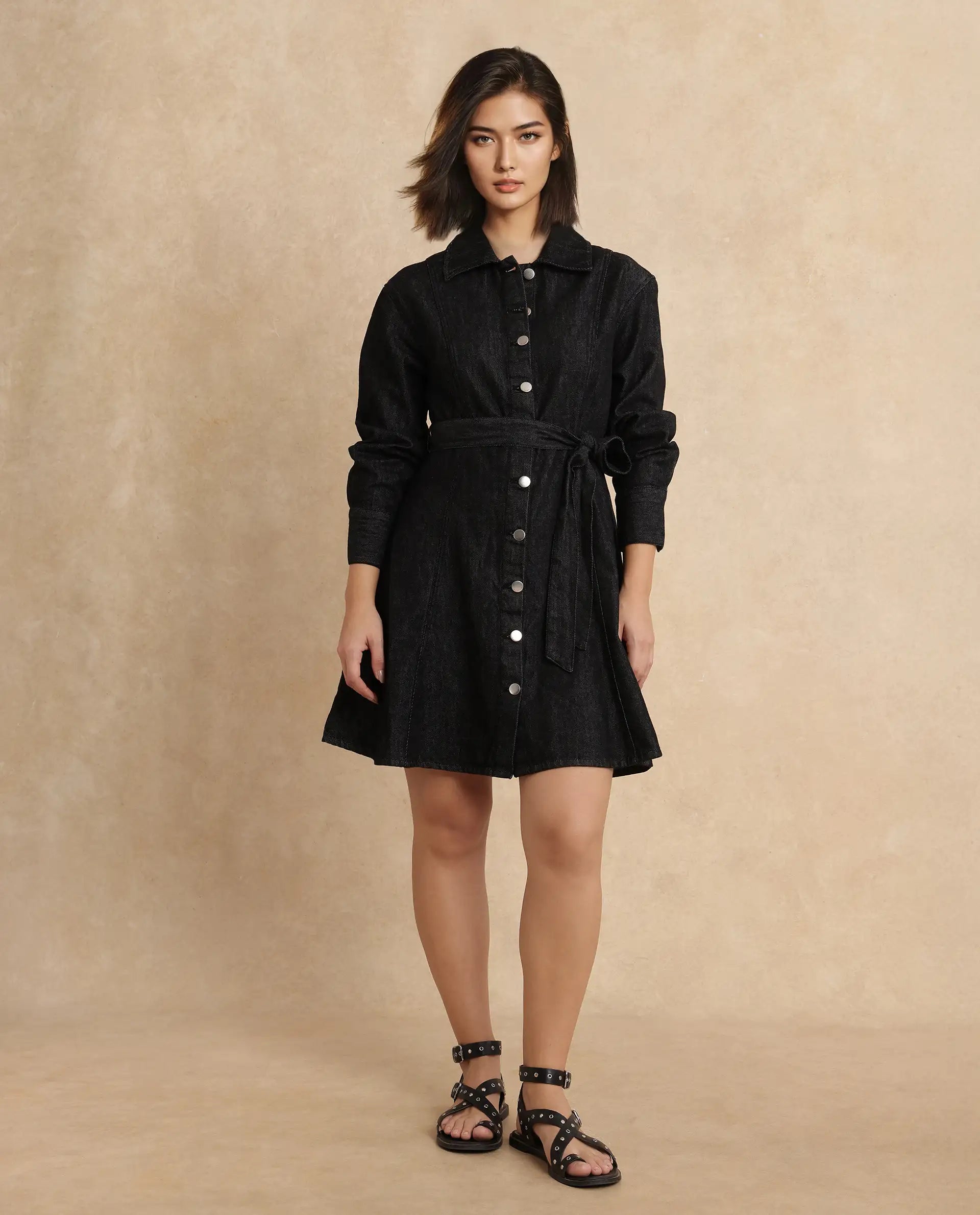 Rareism Women's Zang Black Cotton Spread Collar Plain Cuffed Sleeve Mini A-Line Dress