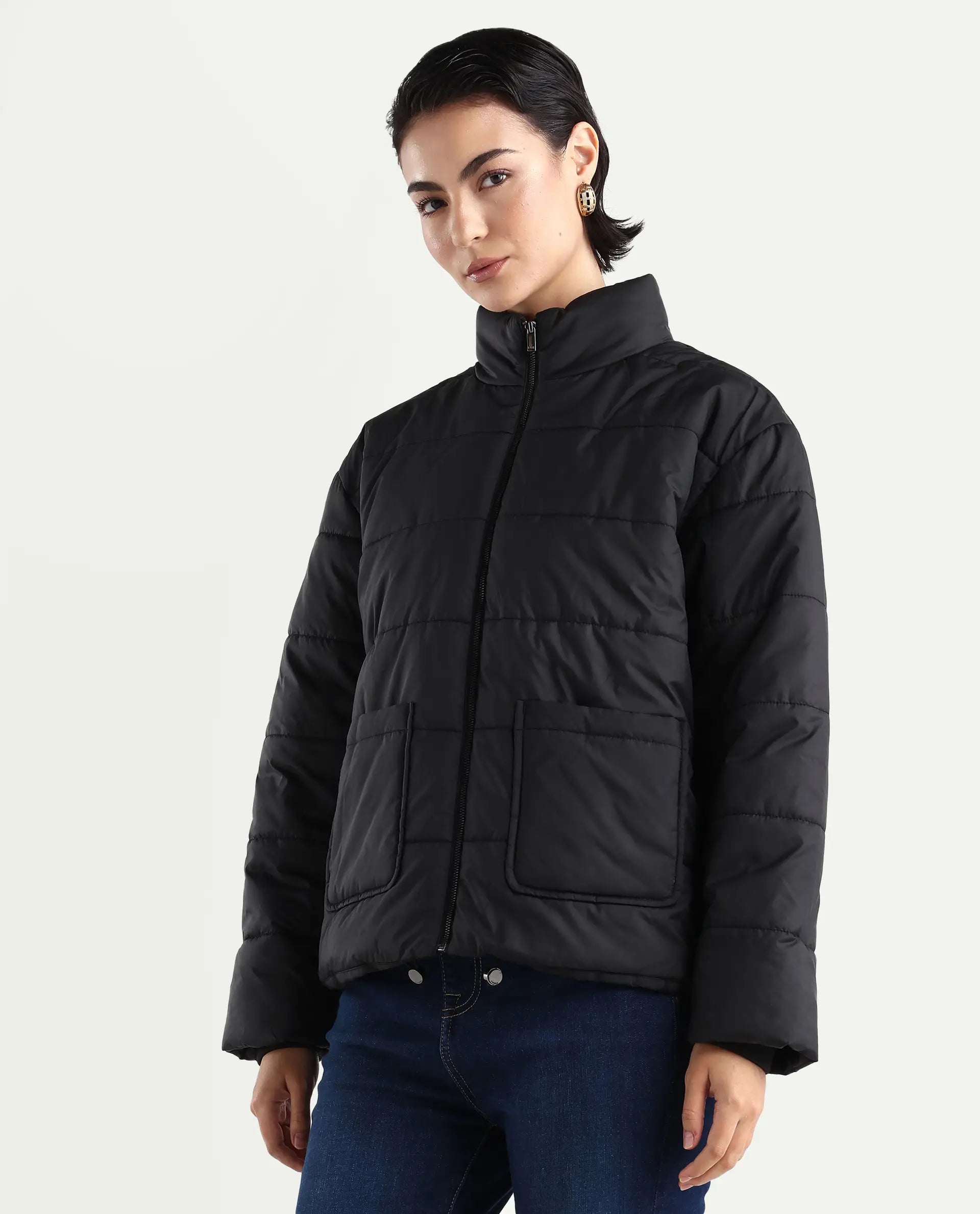 Rareism Women's Zapel Black Polyester Round Collar Boxy Plain Jacket