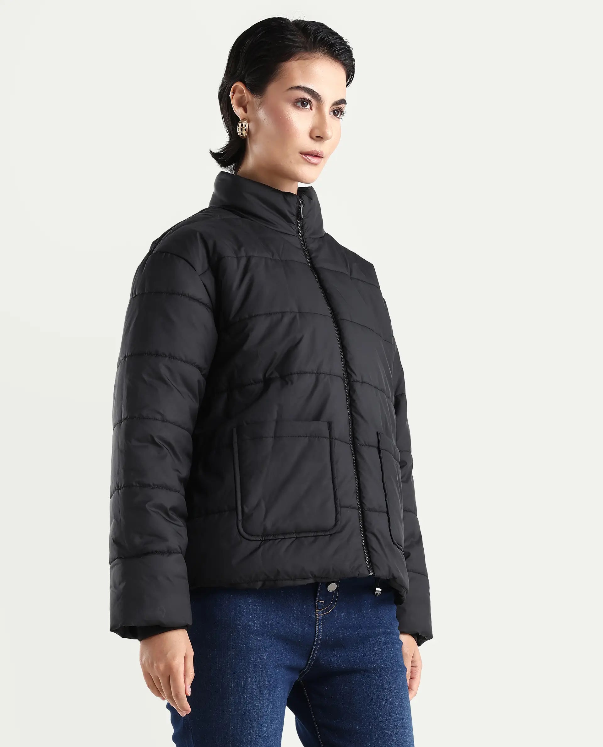 Rareism Women's Zapel Black Polyester Round Collar Boxy Plain Jacket