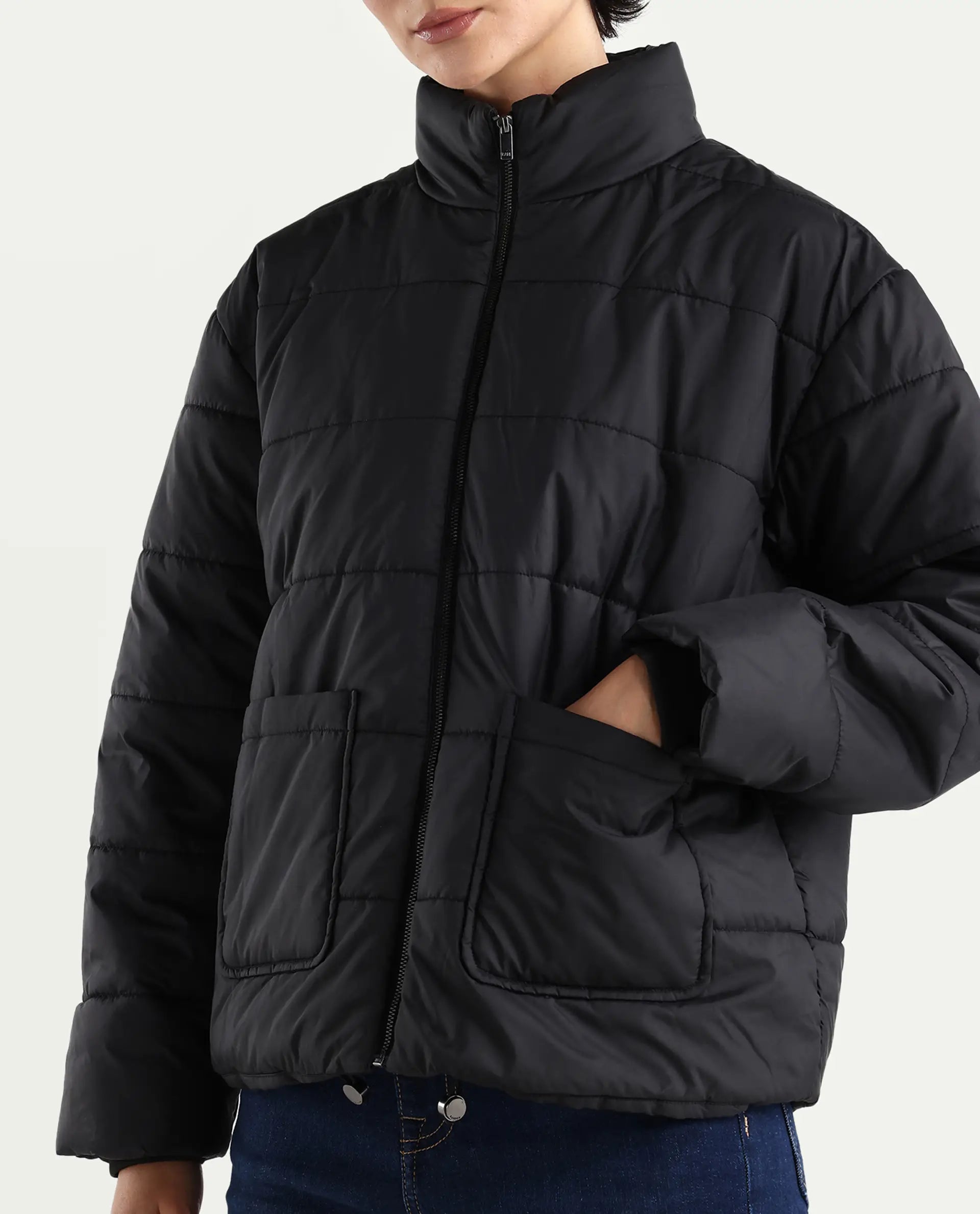 Rareism Women's Zapel Black Polyester Round Collar Boxy Plain Jacket