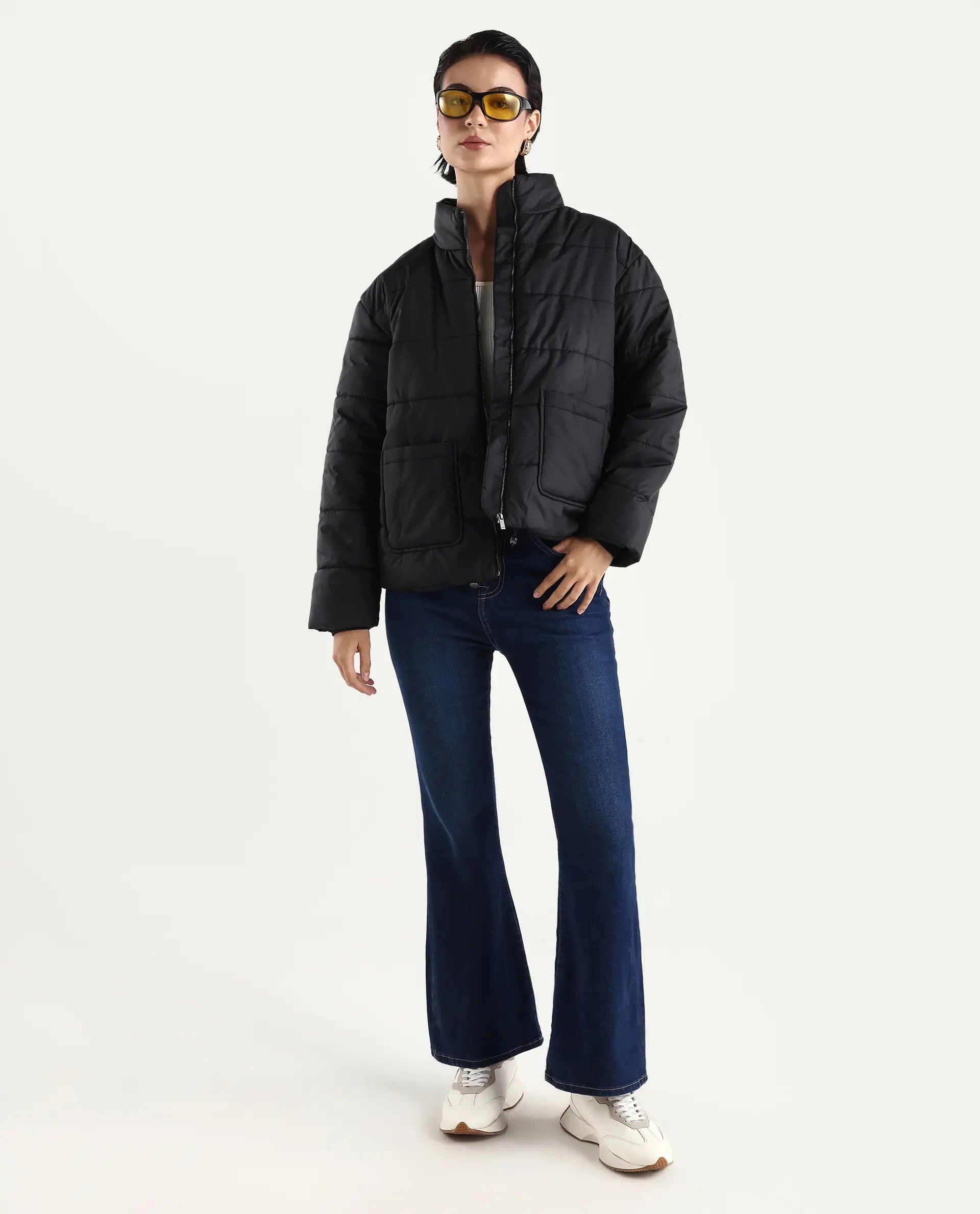 Rareism Women's Zapel Black Polyester Round Collar Boxy Plain Jacket