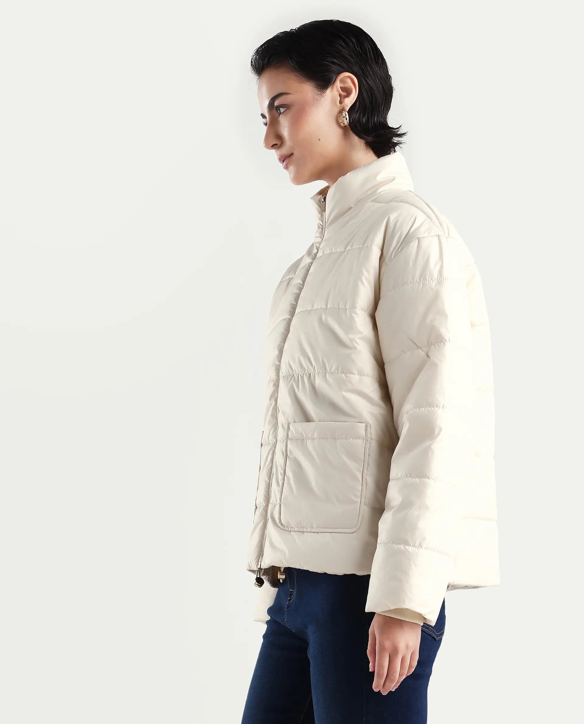 Rareism Women's Zapel Off White Polyester Round Collar Boxy Plain Jacket