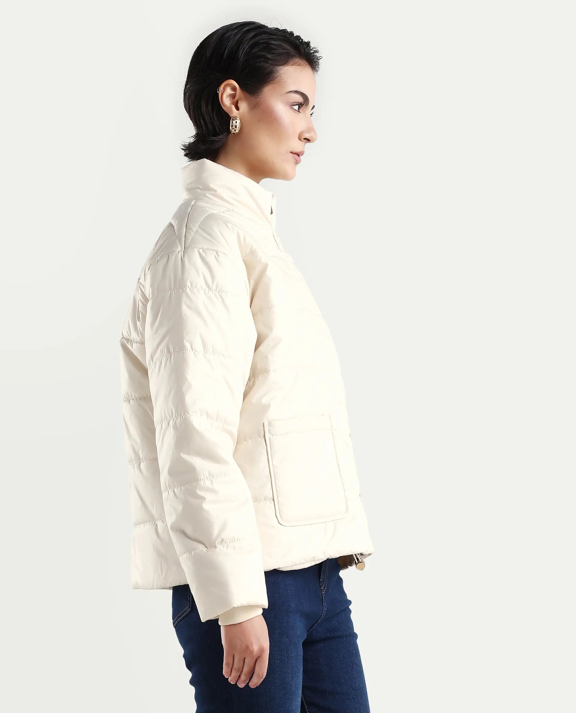Rareism Women's Zapel Off White Polyester Round Collar Boxy Plain Jacket