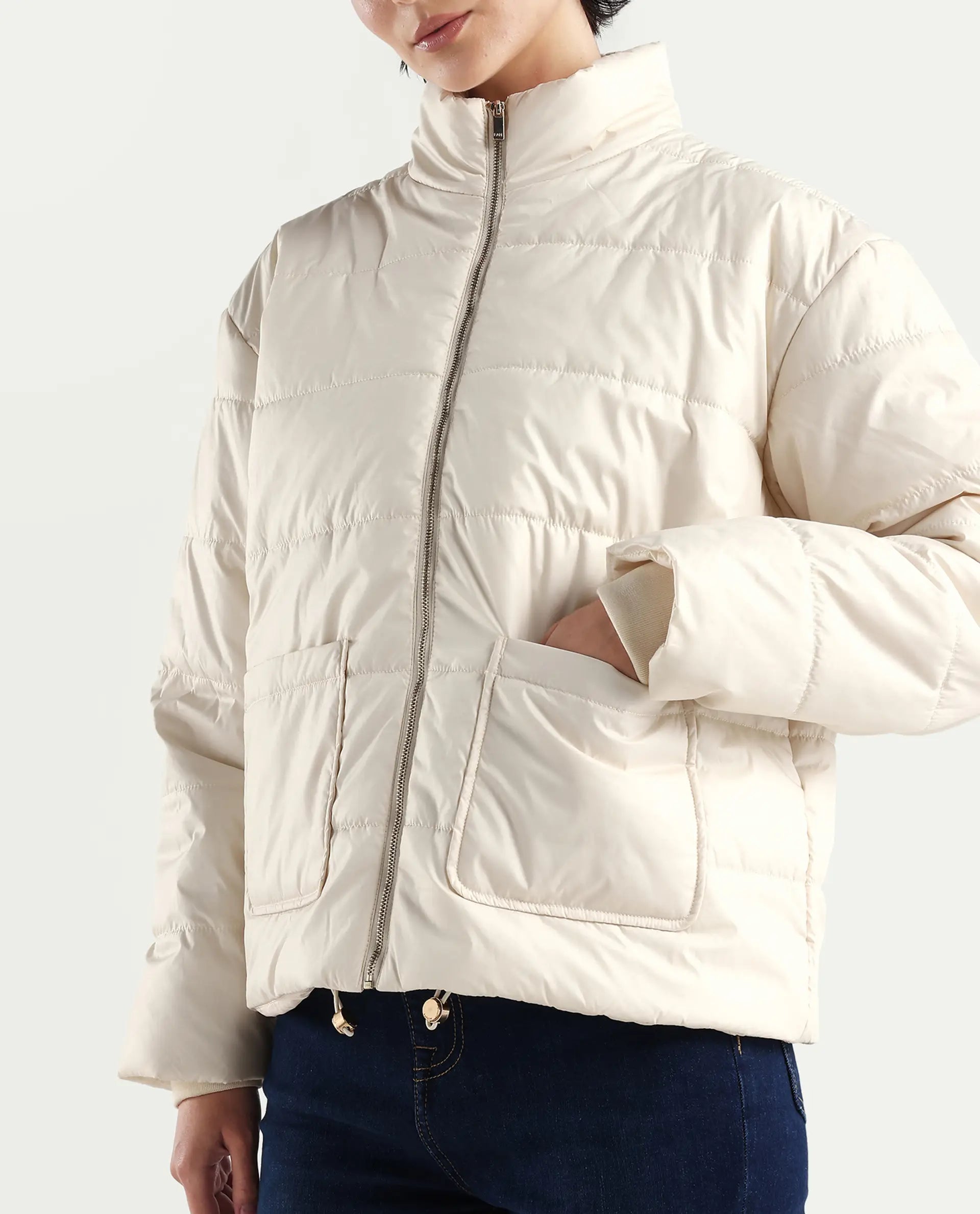 Rareism Women's Zapel Off White Polyester Round Collar Boxy Plain Jacket