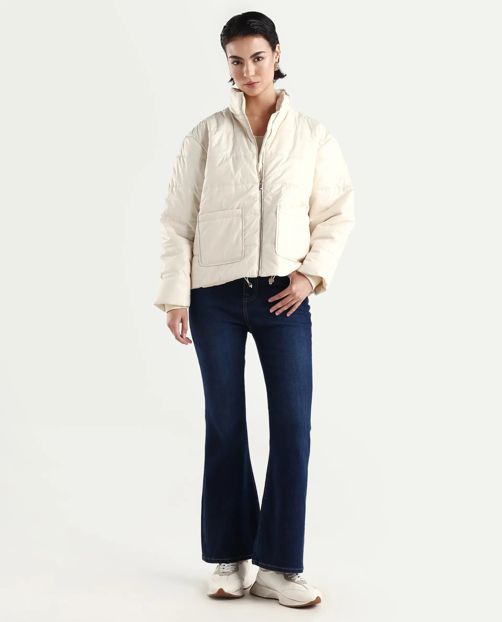 Rareism Women's Zapel Off White Polyester Round Collar Boxy Plain Jacket