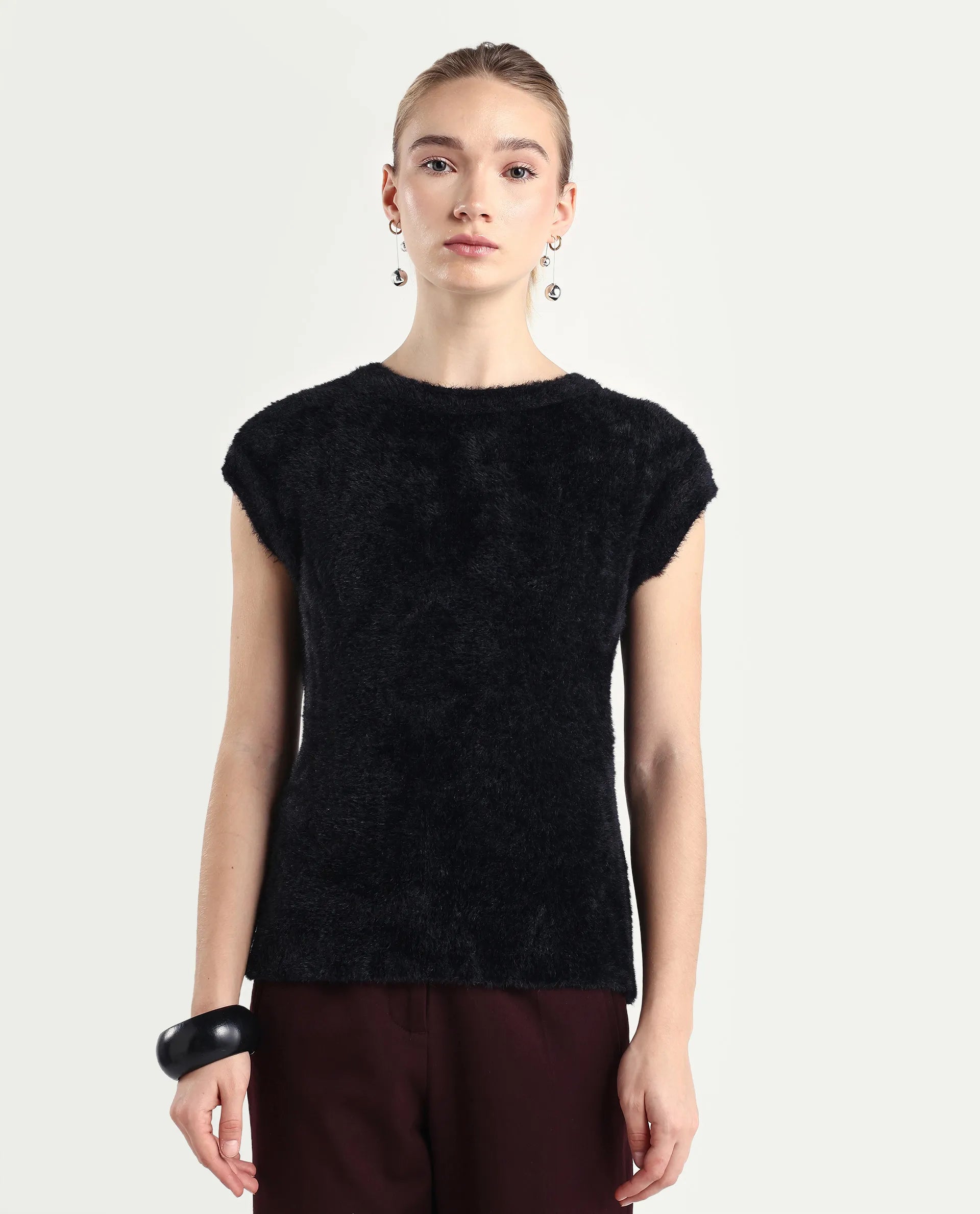 Rareism Women's Zarc-T Black Nylon High Neck Regular Fit Plain Top