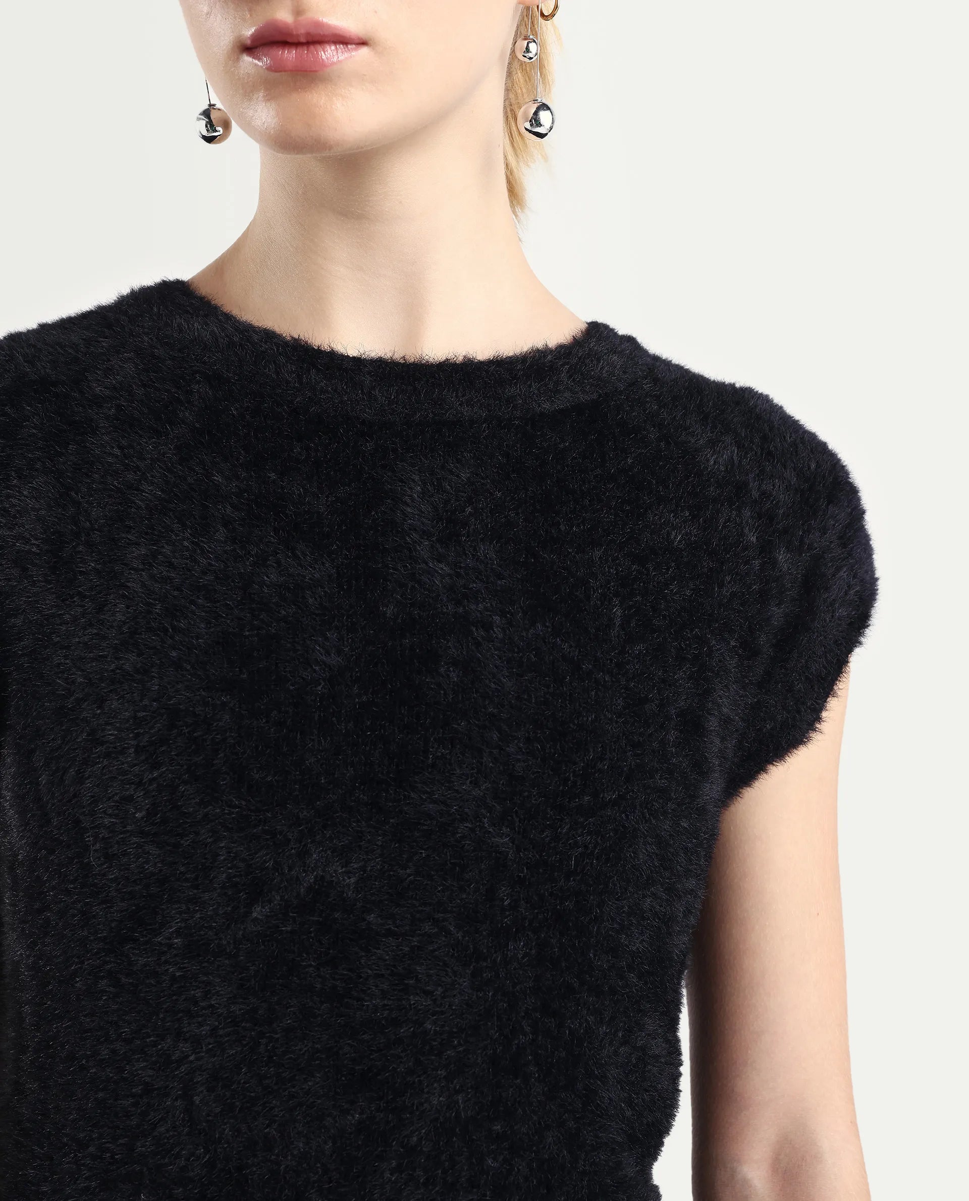 Rareism Women's Zarc-T Black Nylon High Neck Regular Fit Plain Top