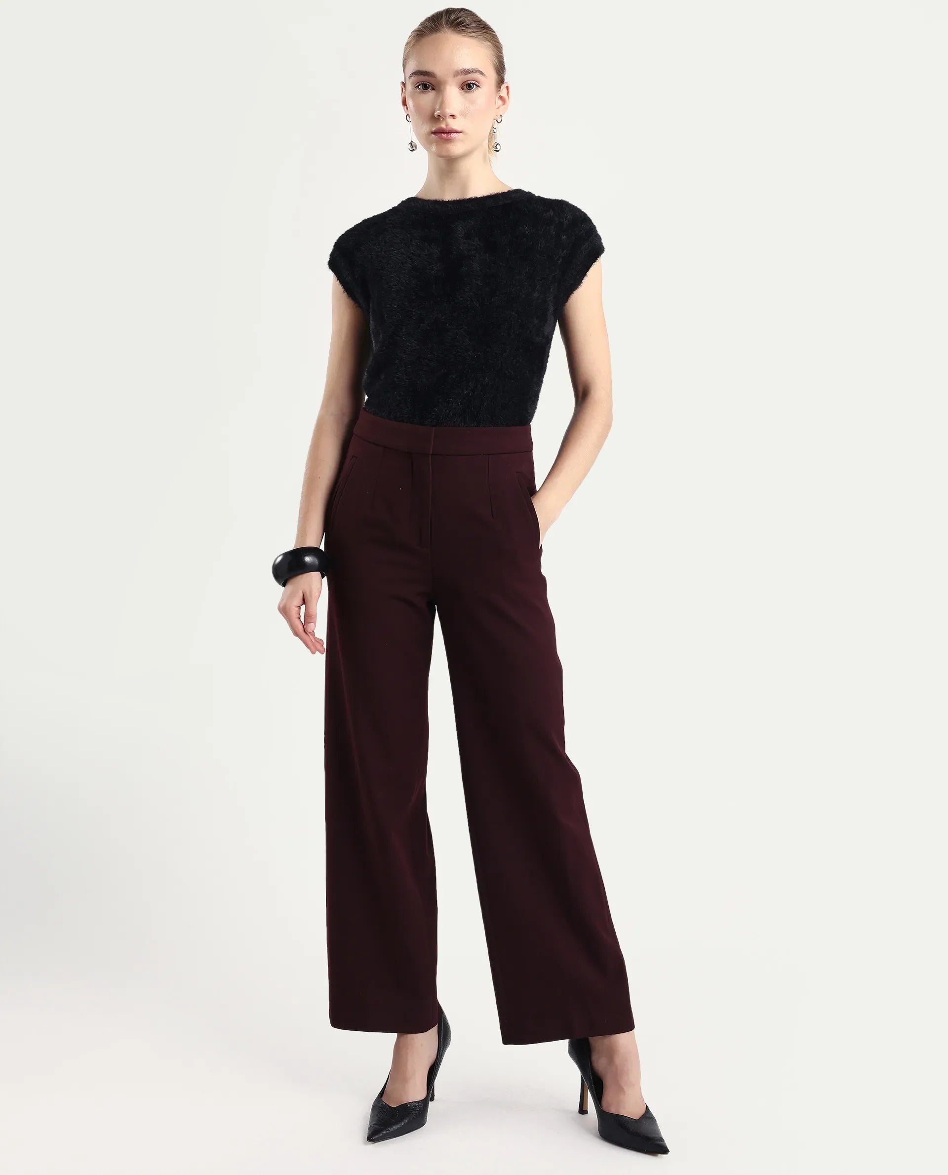 Rareism Women's Zarc-T Black Nylon High Neck Regular Fit Plain Top