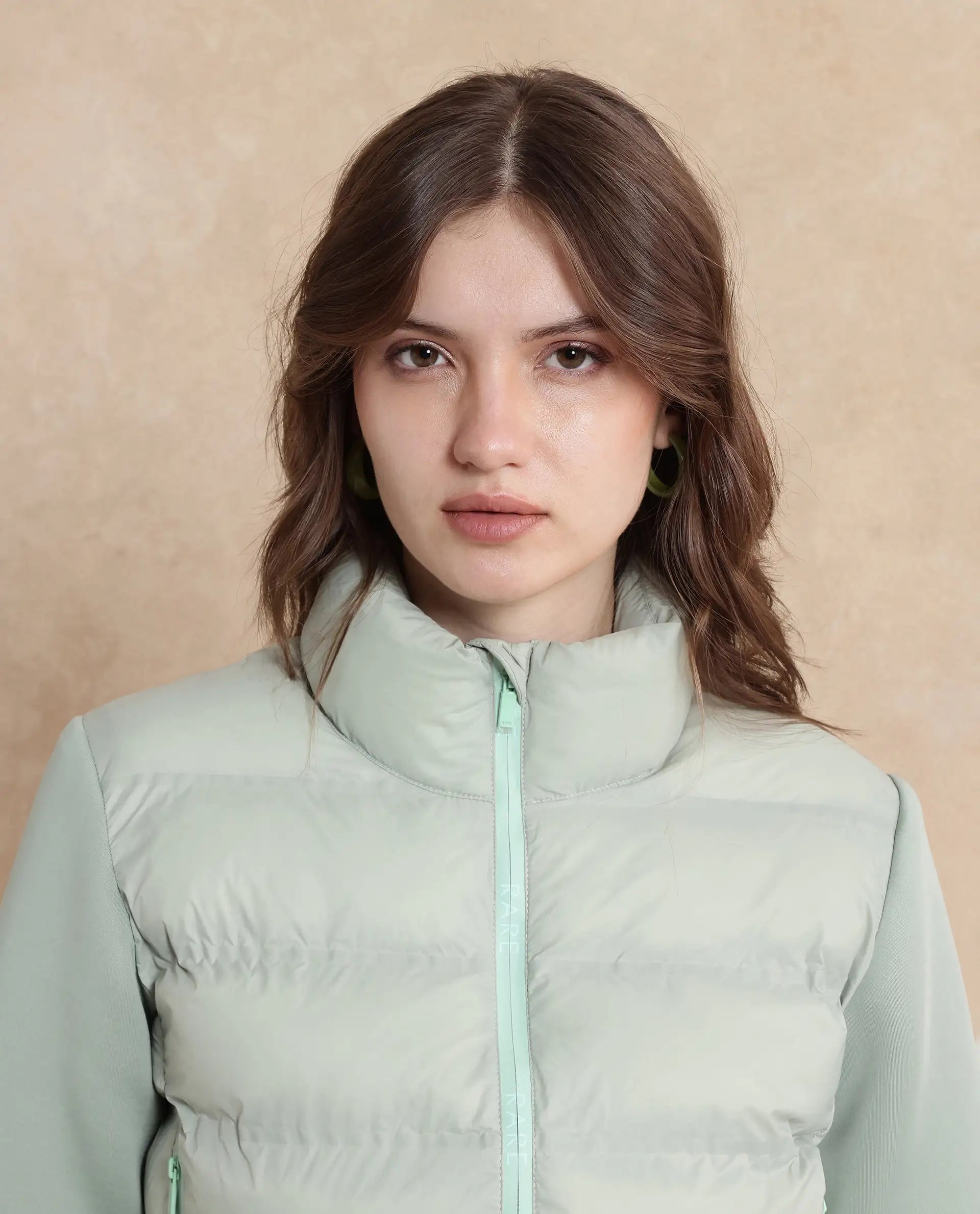 Rareism Women Zarcro Light Green Full Sleeve Stand Collar Zipper Closure Plain Jacket