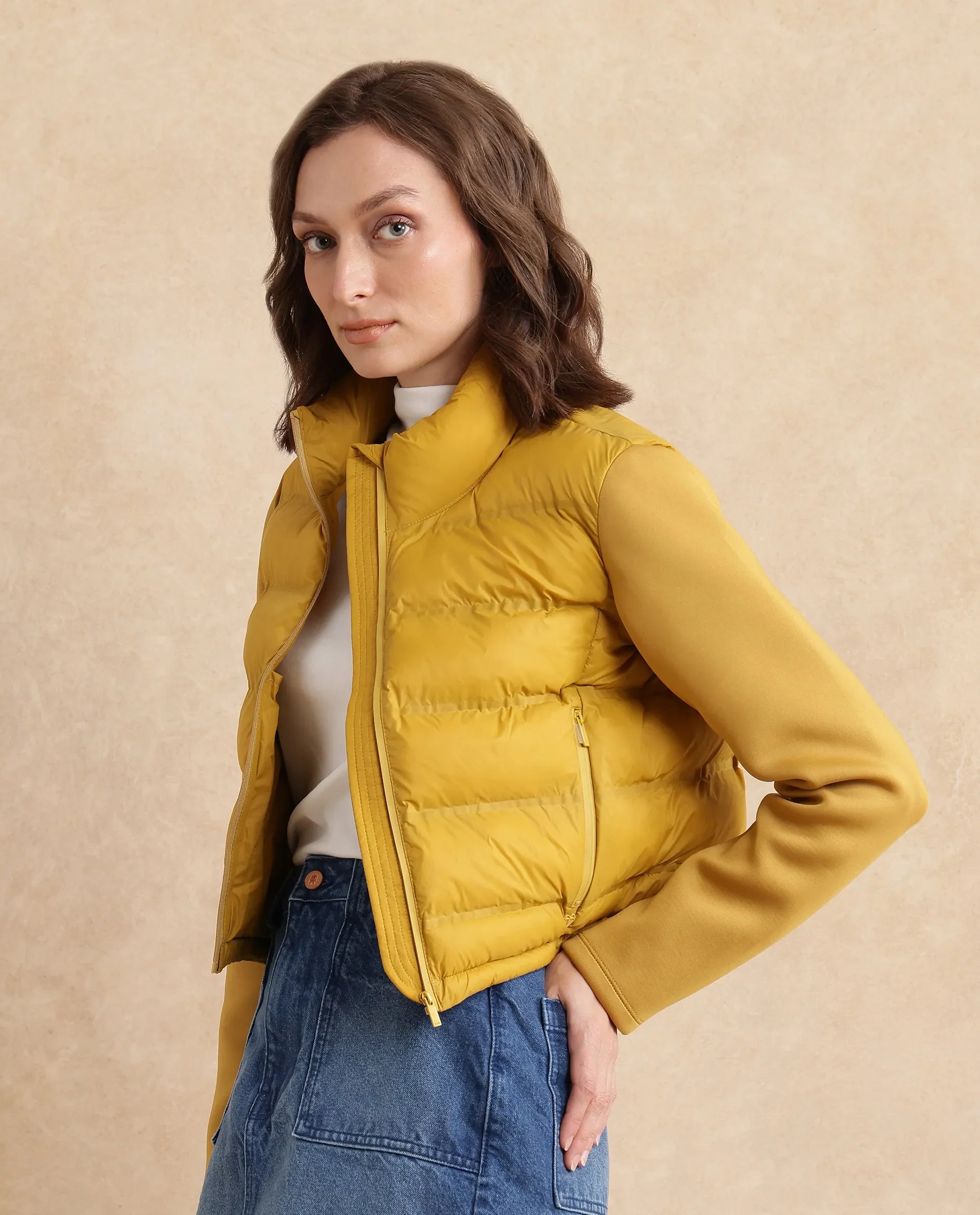 Rareism Women's Zarcro Yellow Stand Collar Plain Regular Fit Jacket