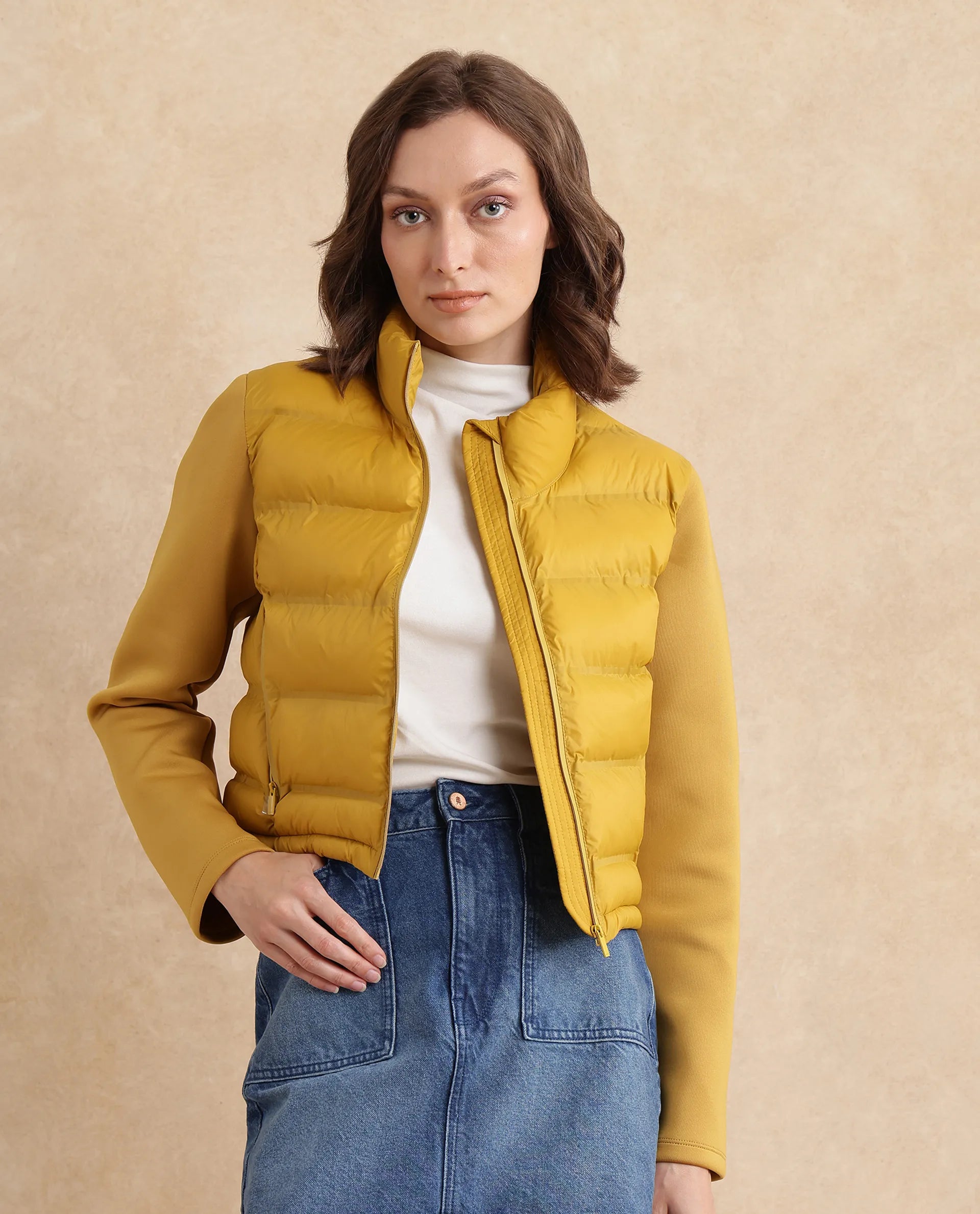 Rareism Women's Zarcro Yellow Stand Collar Plain Regular Fit Jacket
