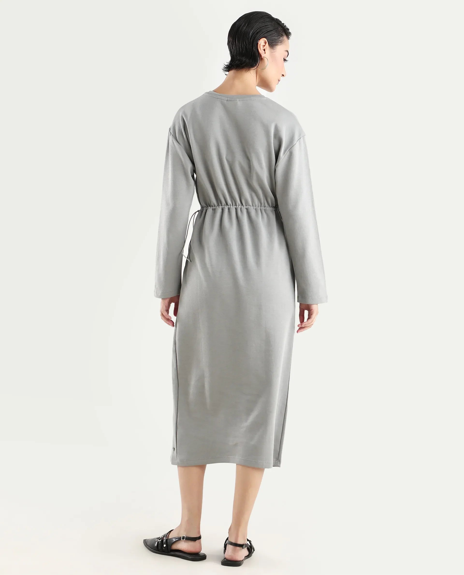 Rareism Women's Zarene Grey Cotton Blend Crew Neck Plain Maxi Regular Fit Dress