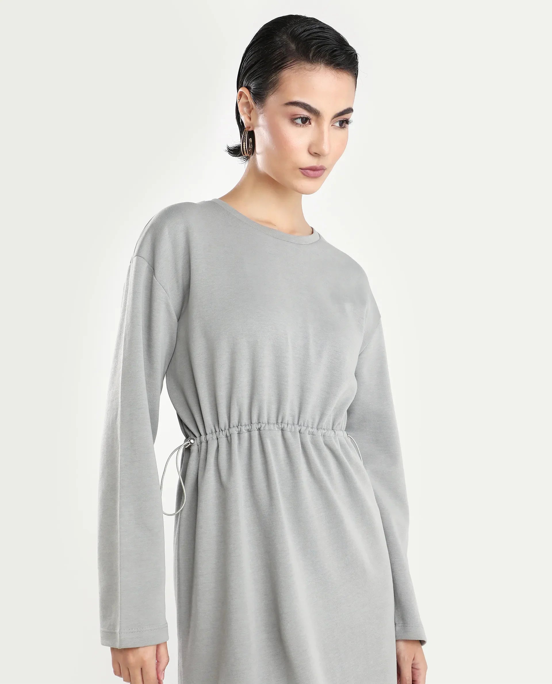 Rareism Women's Zarene Grey Cotton Blend Crew Neck Plain Maxi Regular Fit Dress