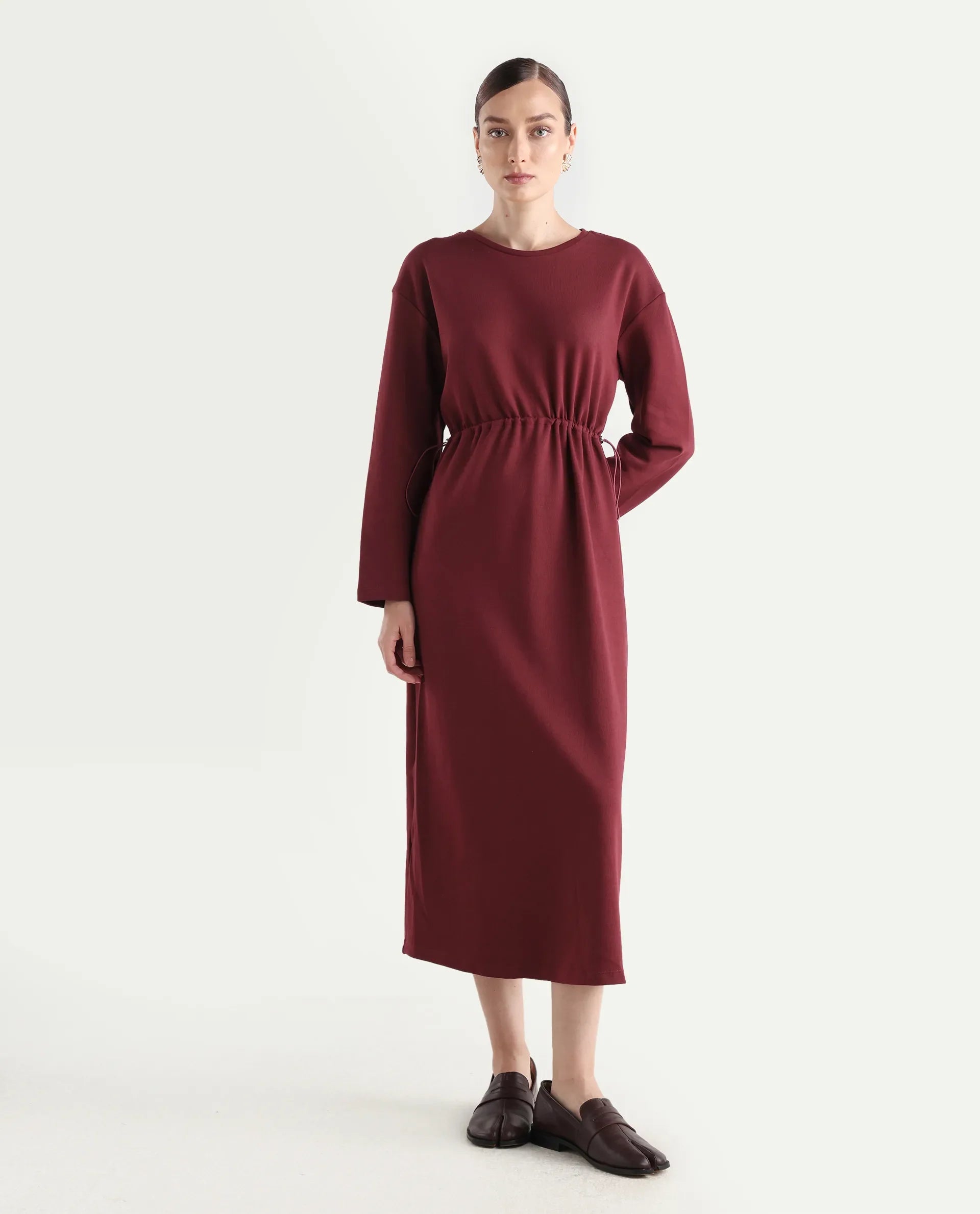 Rareism Women's Zarene Maroon Cotton Cotton Blend Crew Neck Plain Maxi Regular Fit Dress