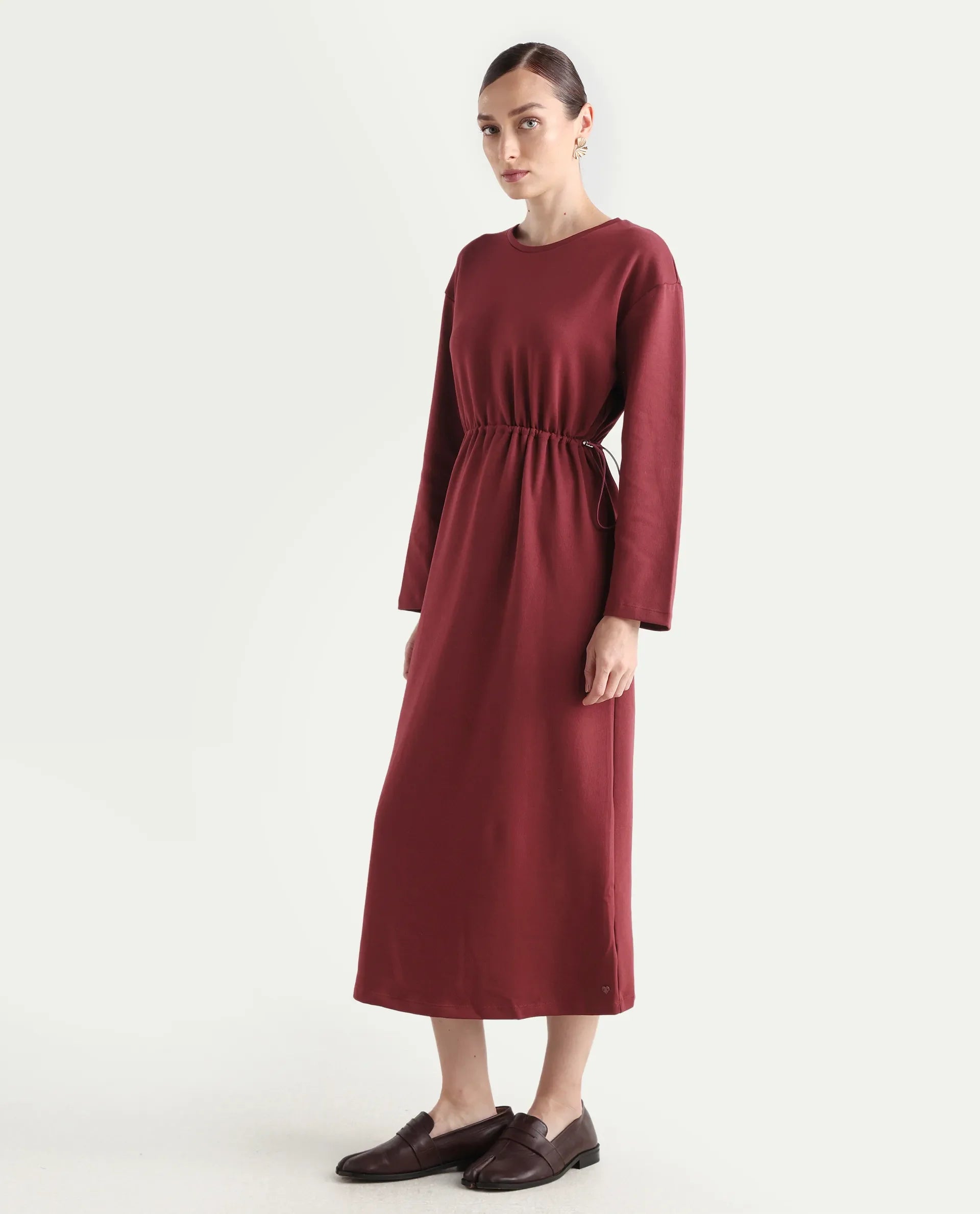 Rareism Women's Zarene Maroon Cotton Cotton Blend Crew Neck Plain Maxi Regular Fit Dress
