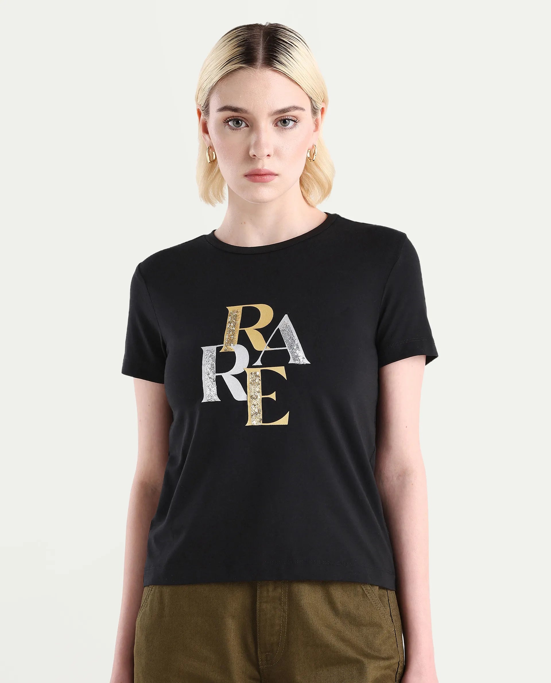 Rareism Women's Zebec Black Cotton Blend Crew Neck Graphic Print Regular Fit T-Shirt