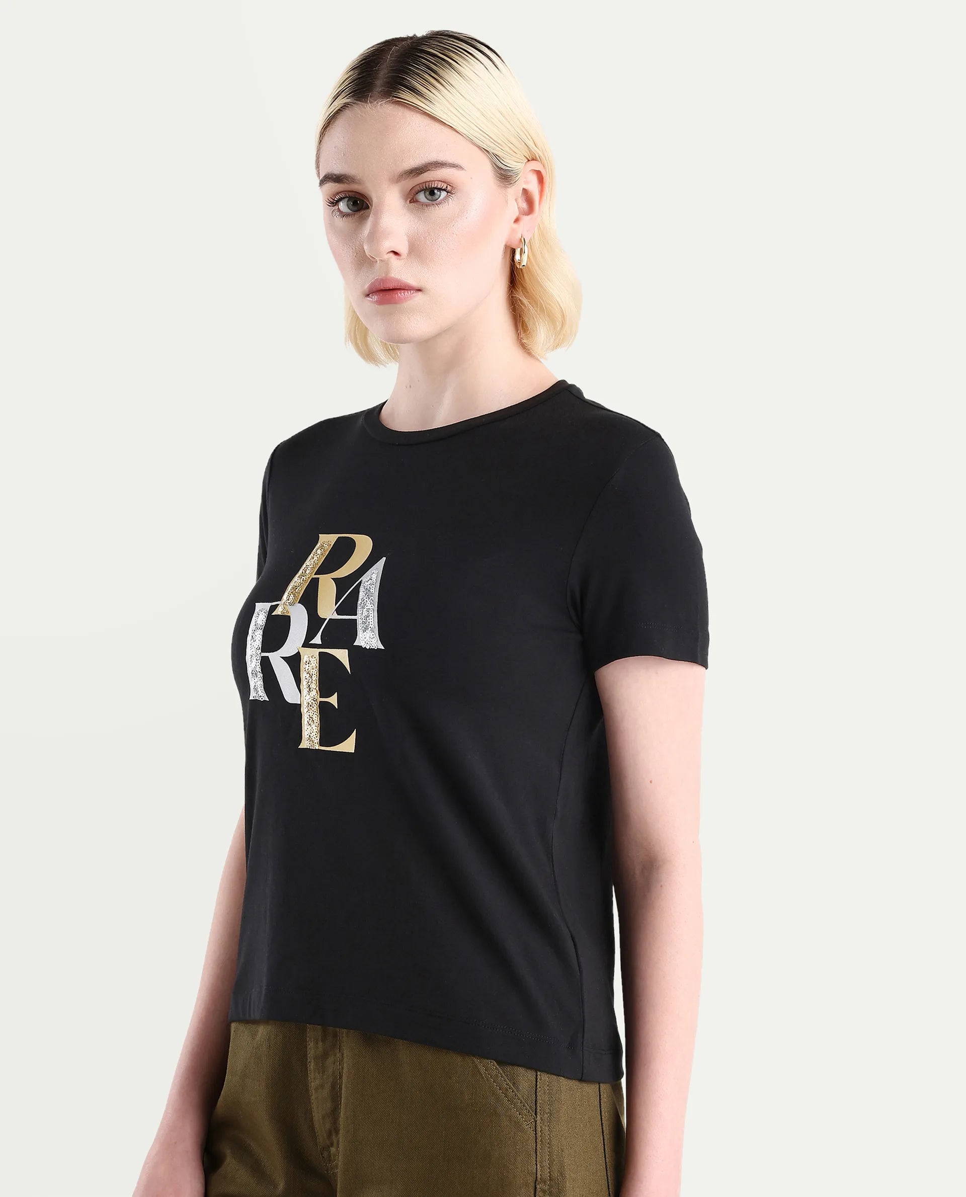 Rareism Women's Zebec Black Cotton Blend Crew Neck Graphic Print Regular Fit T-Shirt