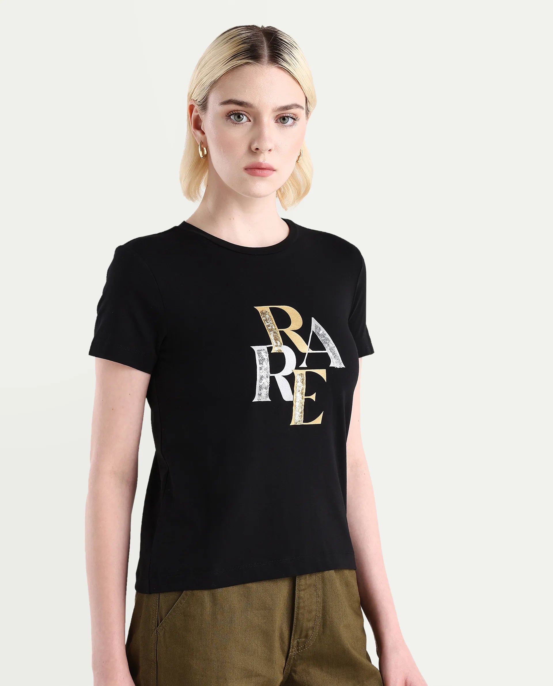 Rareism Women's Zebec Black Cotton Blend Crew Neck Graphic Print Regular Fit T-Shirt