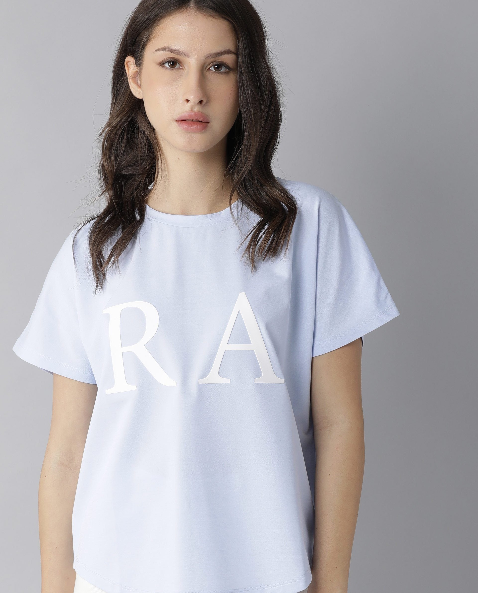 Rareism Women's Hush Blue Polyester Blend Crew Neck Graphic Print Regular Fit T-Shirt