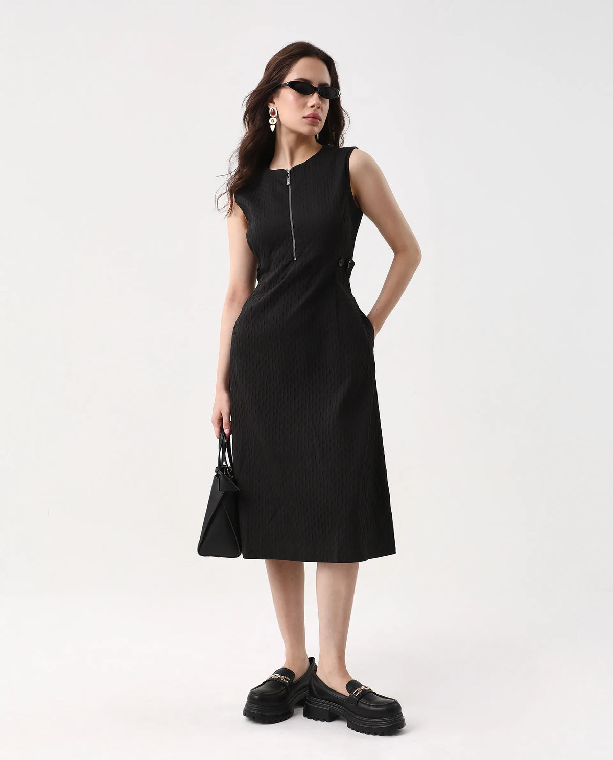 Rareism Women's Zelina Black Polyester Round Neck Striped Sleeveless Knee Length A-Line Dress
