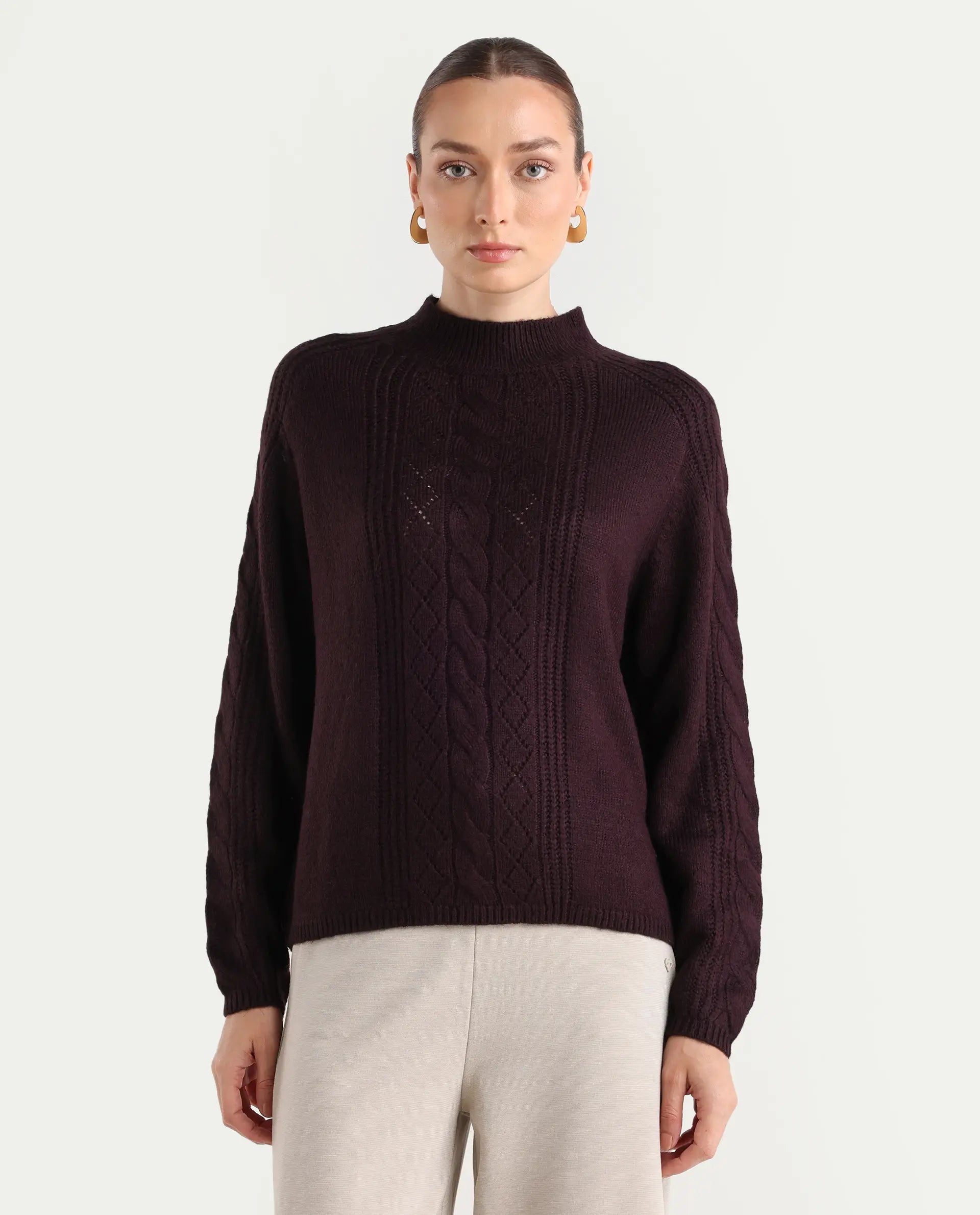 Rareism Women's Zella Dark Maroon Acrylic Blend High Neck Plain Regular Fit Sweater