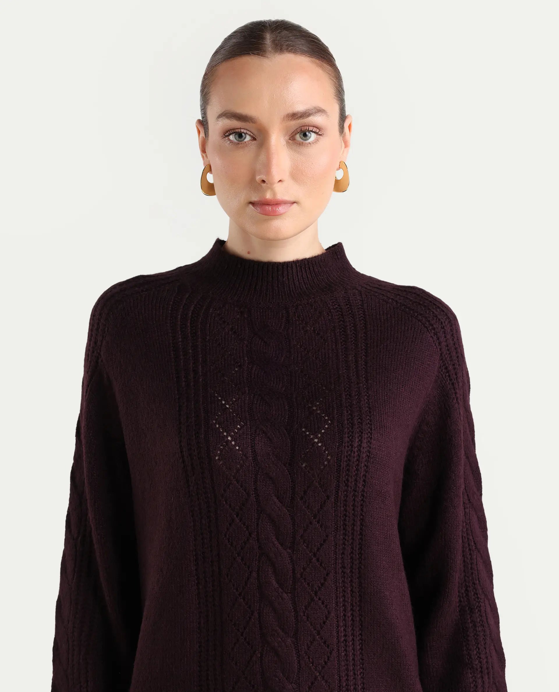 Rareism Women's Zella Dark Maroon Acrylic Blend High Neck Plain Regular Fit Sweater