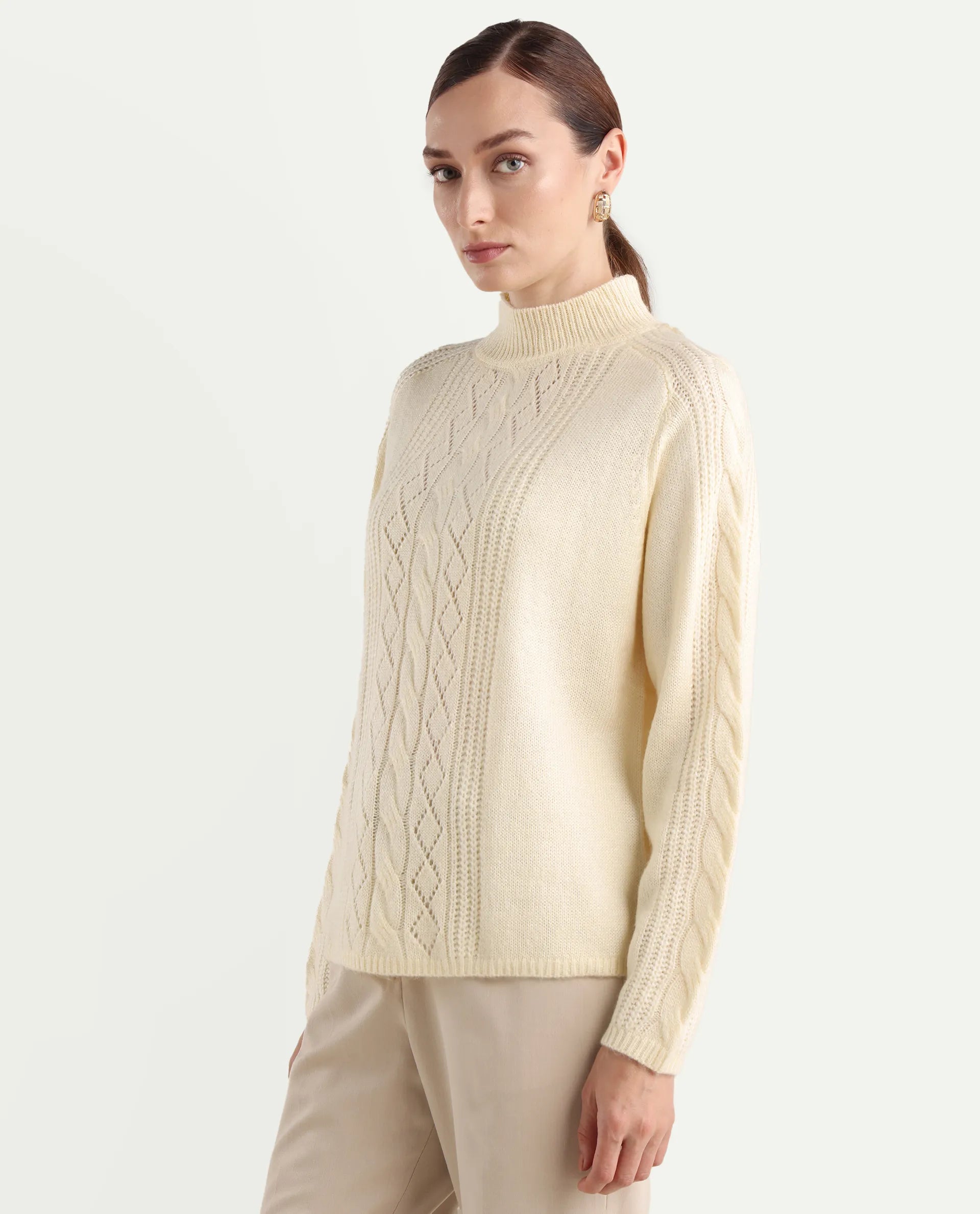 Rareism Women's Zella Off White Acrylic Blend High Neck Regular Fit Plain Sweater