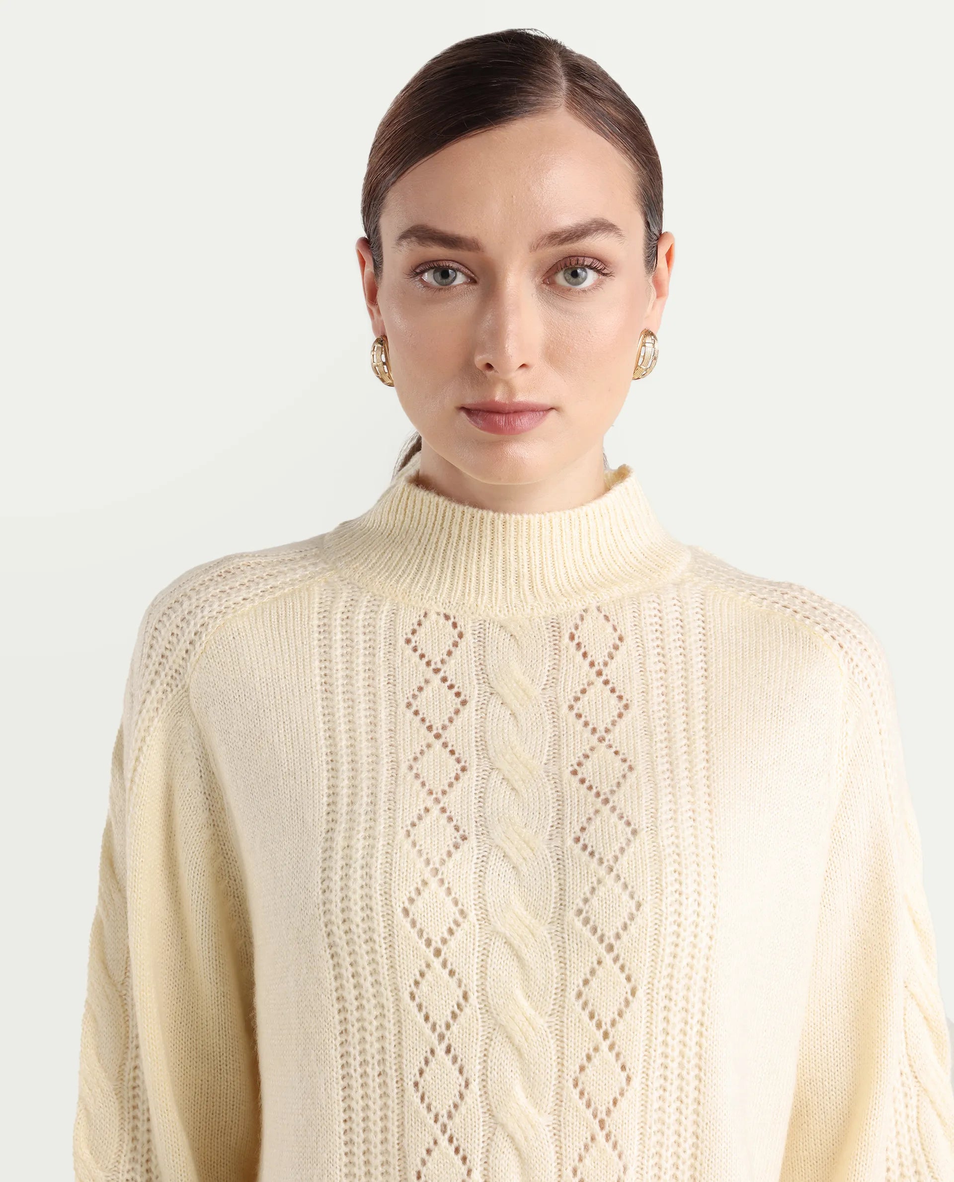 Rareism Women's Zella Off White Acrylic Blend High Neck Regular Fit Plain Sweater