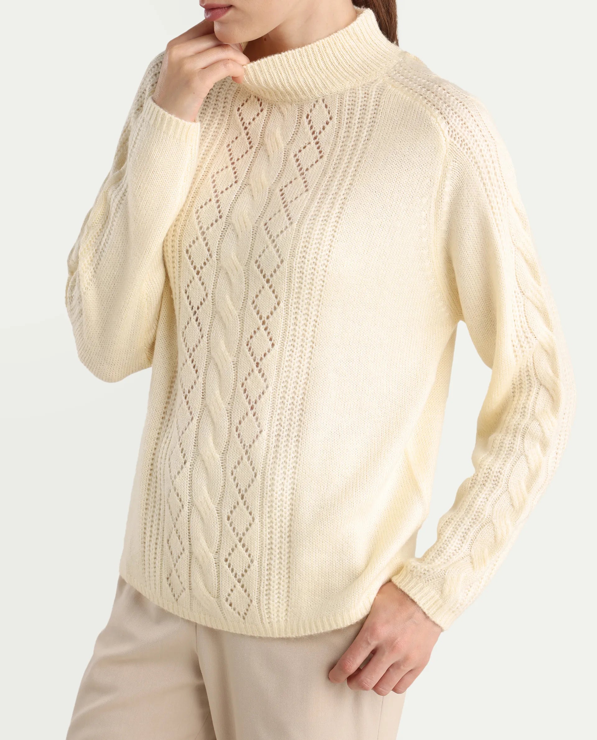 Rareism Women's Zella Off White Acrylic Blend High Neck Regular Fit Plain Sweater