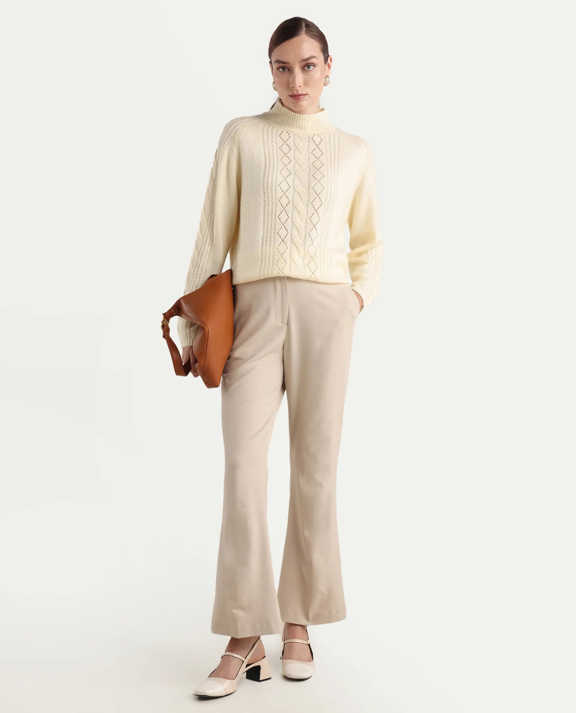 Rareism Women's Zella Off White Acrylic Blend High Neck Regular Fit Plain Sweater