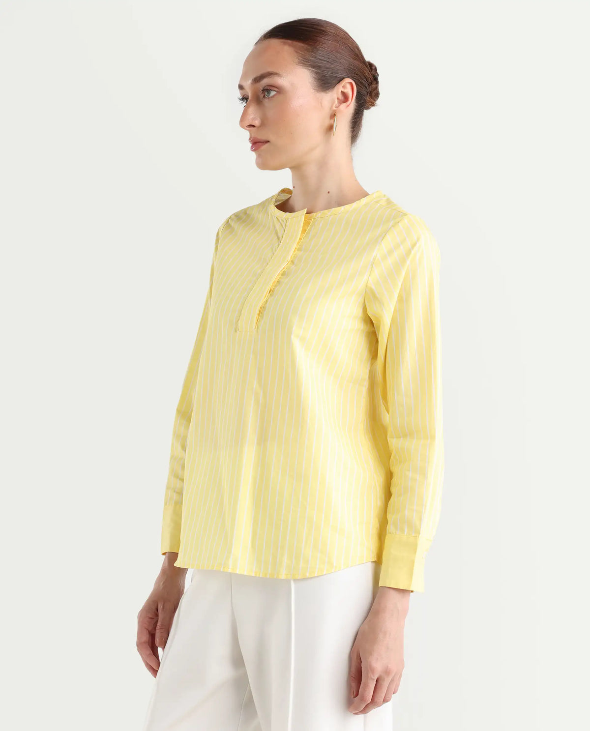 Rareism Women's Zelma Yellow Cotton Crew Neck Striped Cuffed Sleeve Regular Fit Top