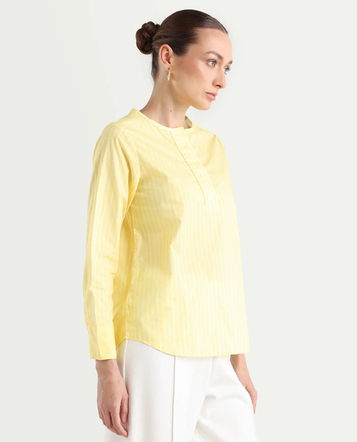 Rareism Women's Zelma Yellow Cotton Crew Neck Striped Cuffed Sleeve Regular Fit Top