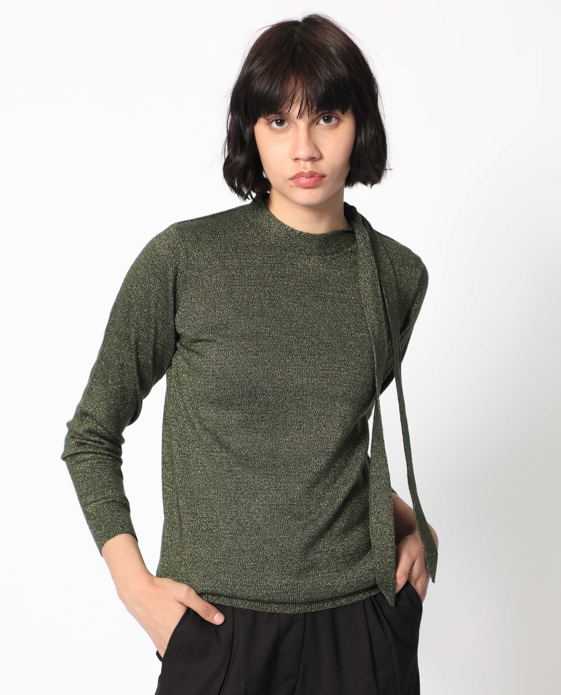 Rareism Women's Zener Green Acrylic High Neck Plain Regular Fit Sweater