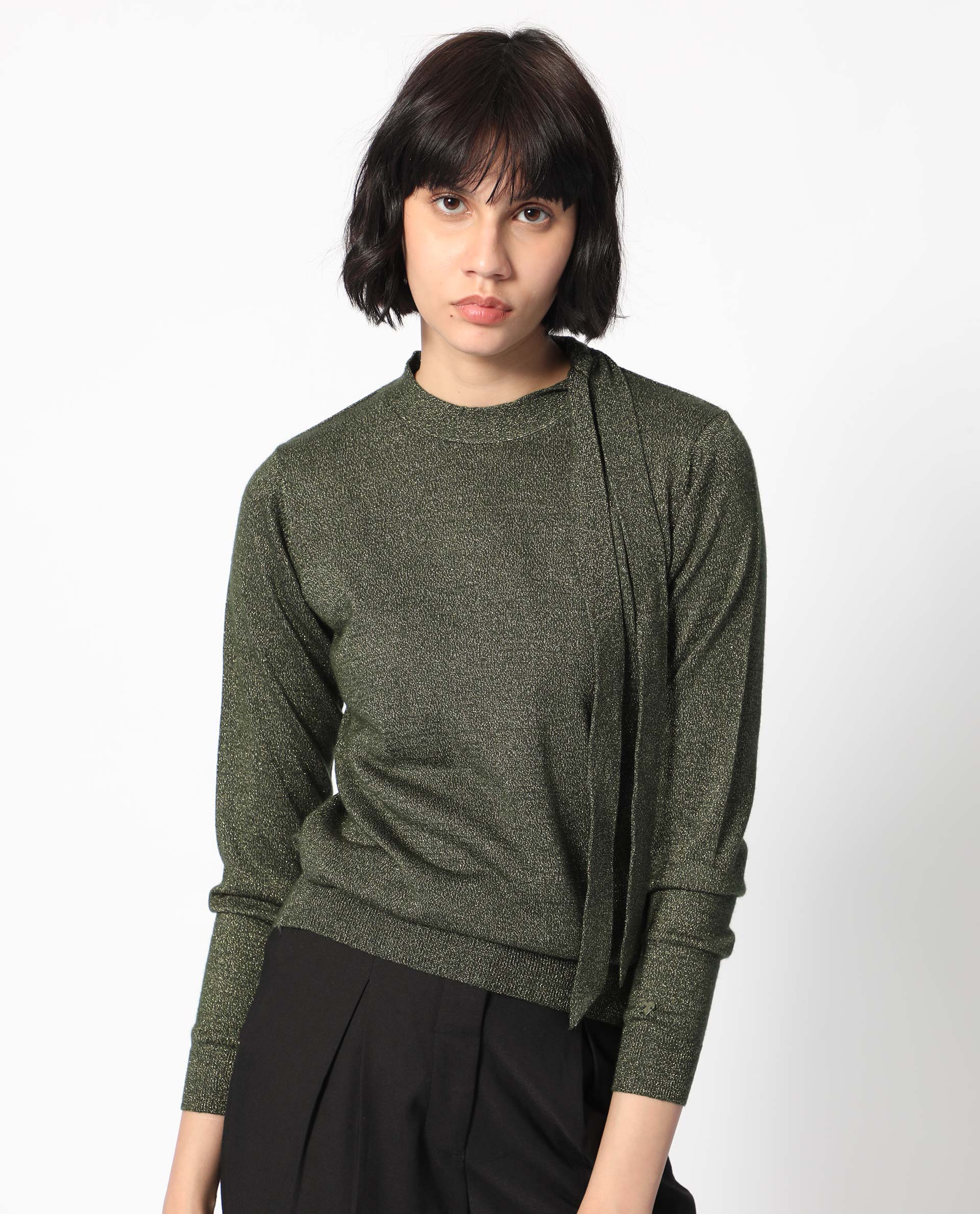 Rareism Women's Zener Green Acrylic High Neck Plain Regular Fit Sweater