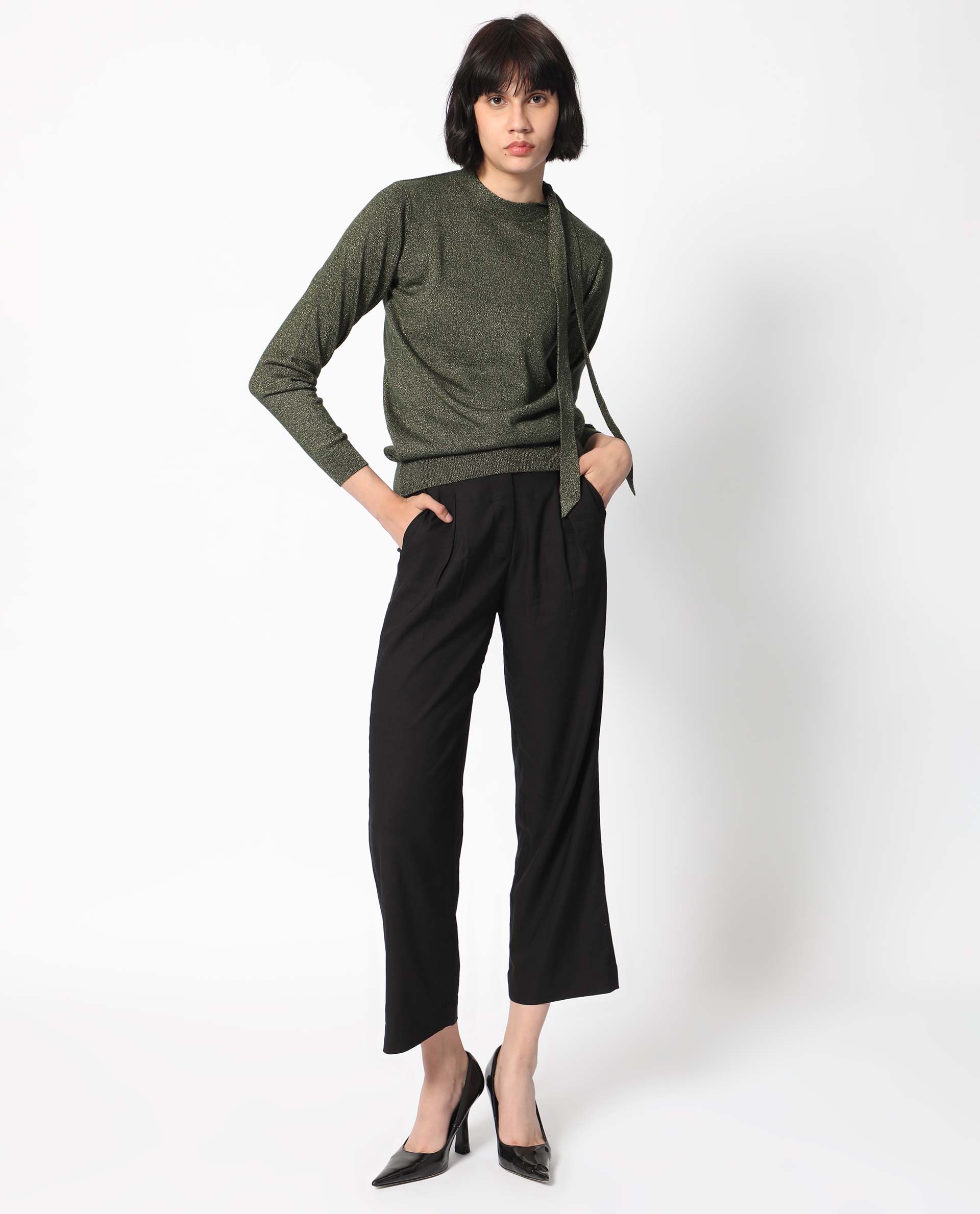 Rareism Women Zener Green Acrylic Fabric Full Sleeves Regular Fit Solid High Neck Sweater