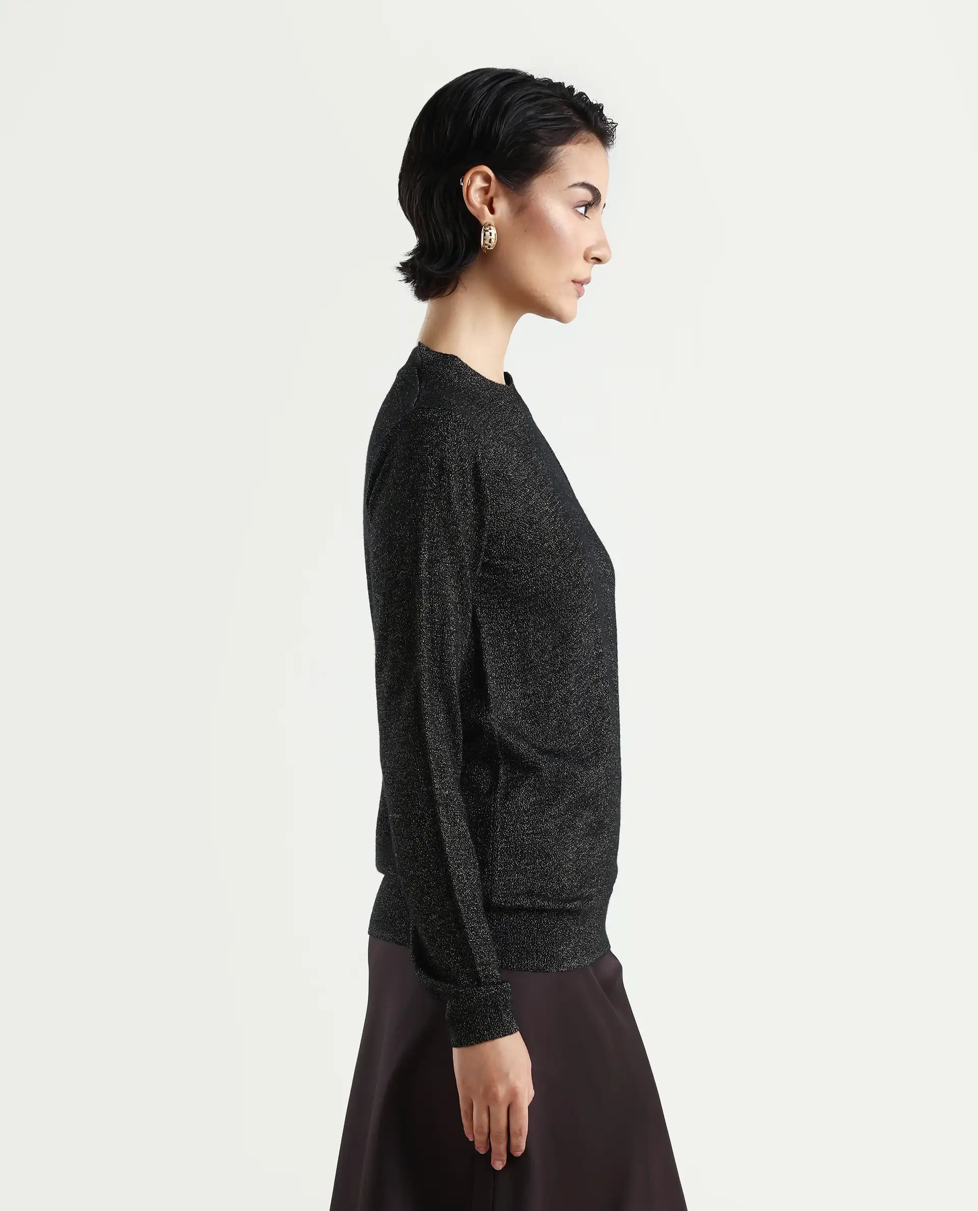 Rareism Women's Zener Black Acrylic High Neck Plain Regular Fit Sweater