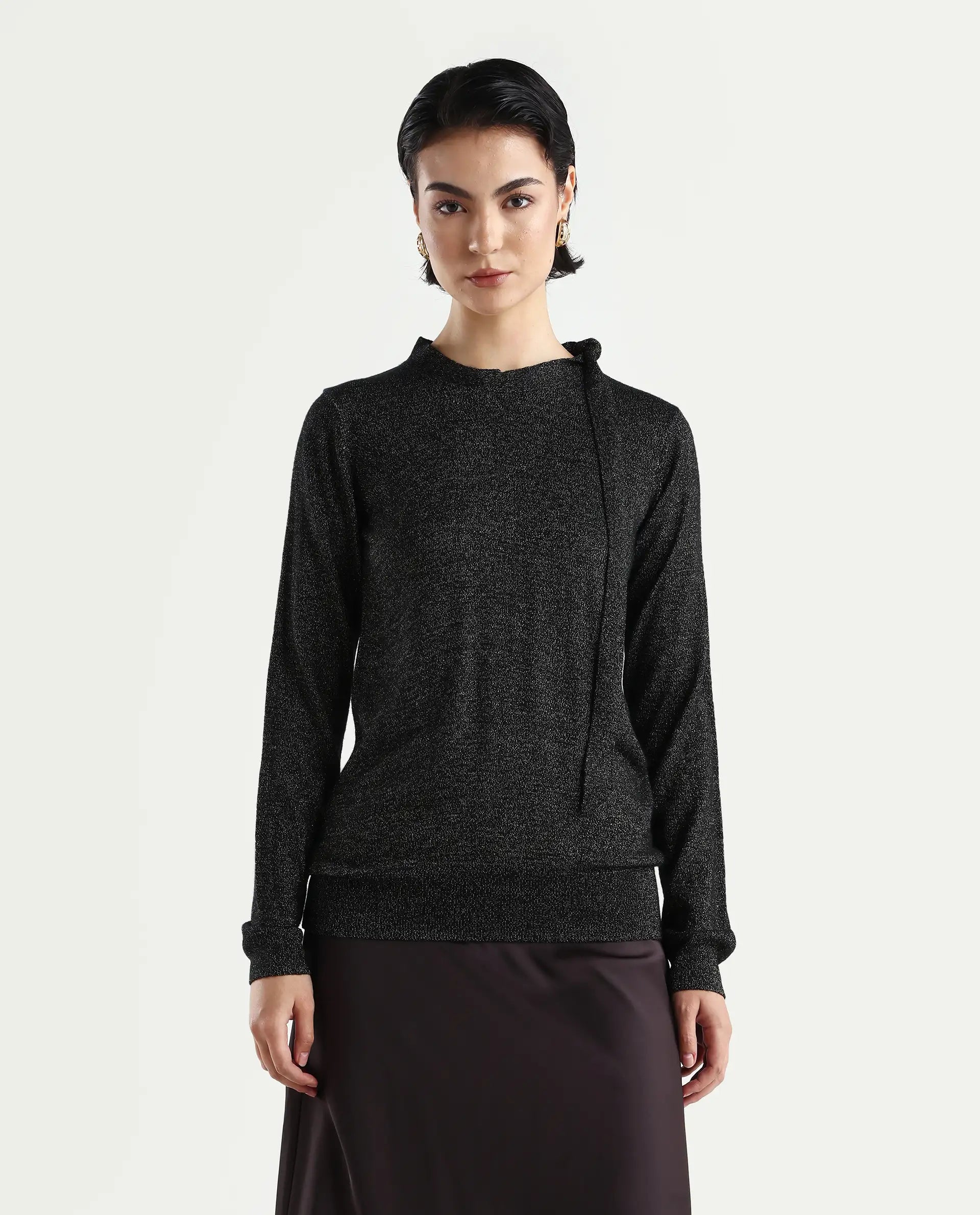 Rareism Women's Zener Black Acrylic High Neck Plain Regular Fit Sweater
